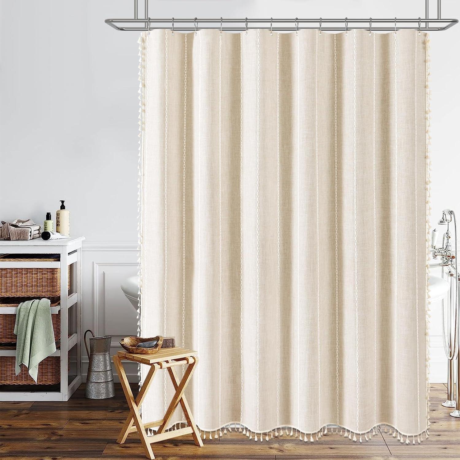 Beige Linen Boho Farmhouse Shower Curtain with Tassels