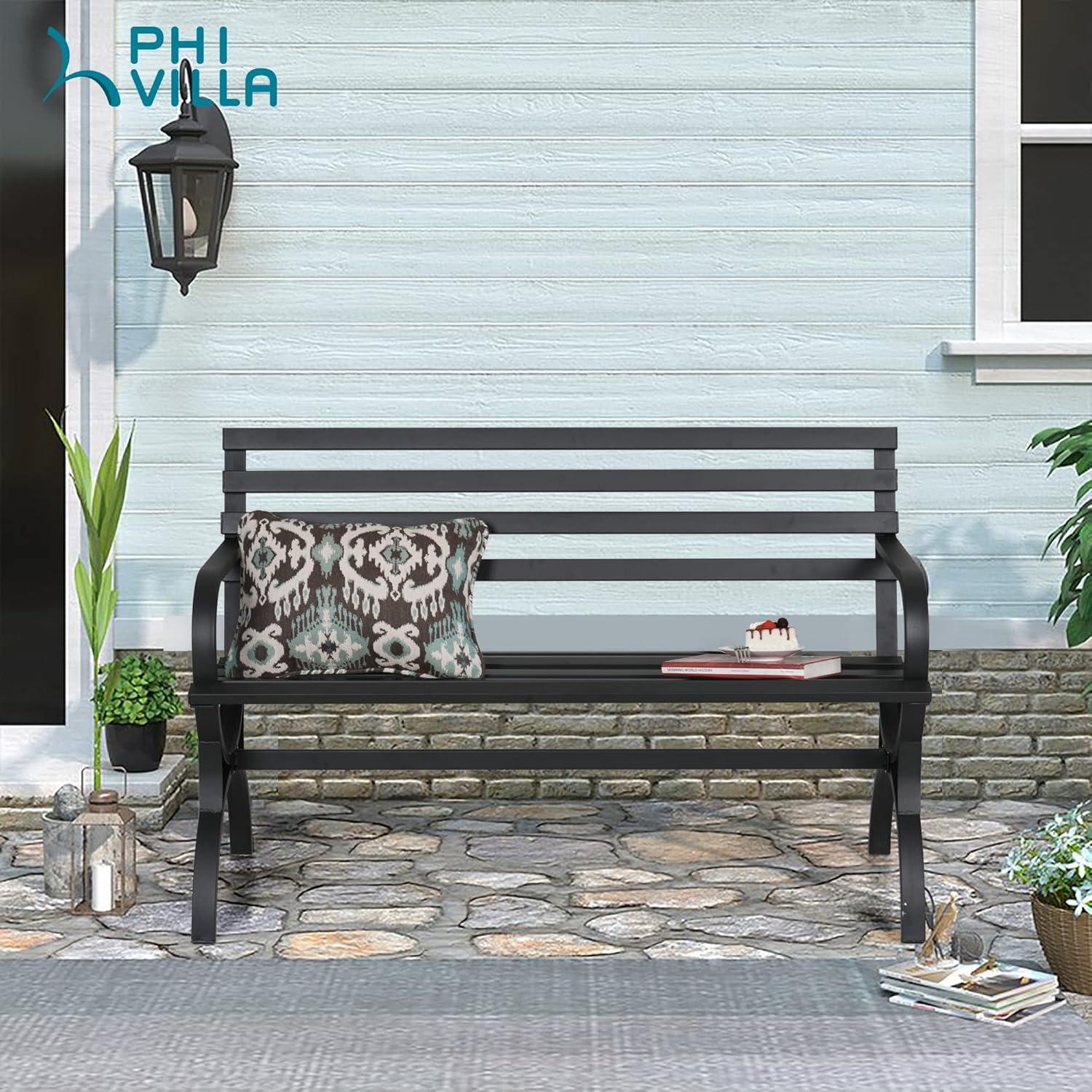 Black Steel Modern Slatted Outdoor Bench with Armrests