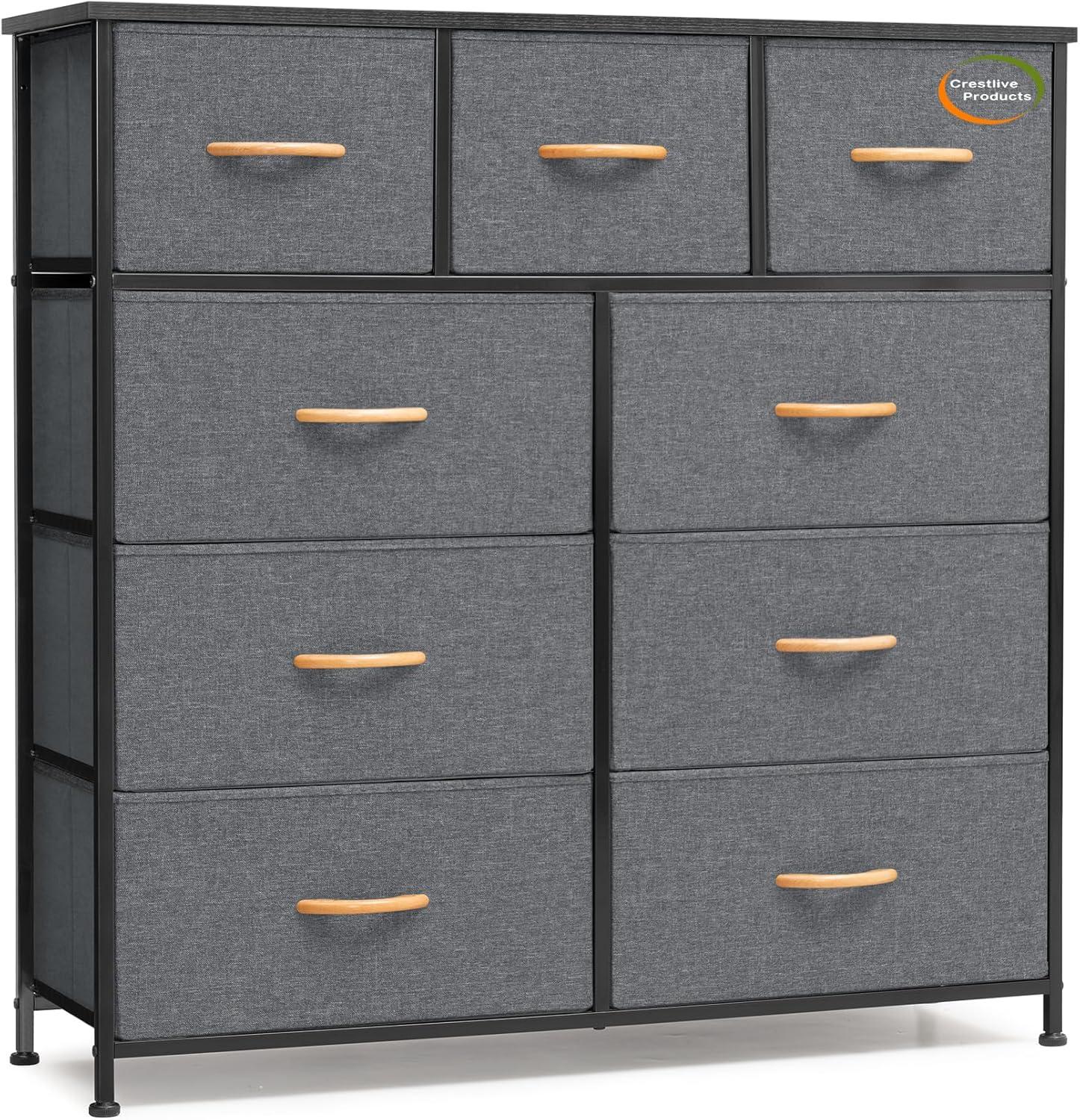 Crestlive Products Home Extra Wide Closet Dresser Storage Tower Organizer Unit 9 Drawers Grey Dark Wood