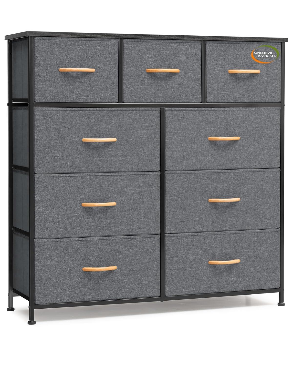 Crestlive Products Home Extra Wide Closet Dresser Storage Tower Organizer Unit 9 Drawers Grey Dark Wood