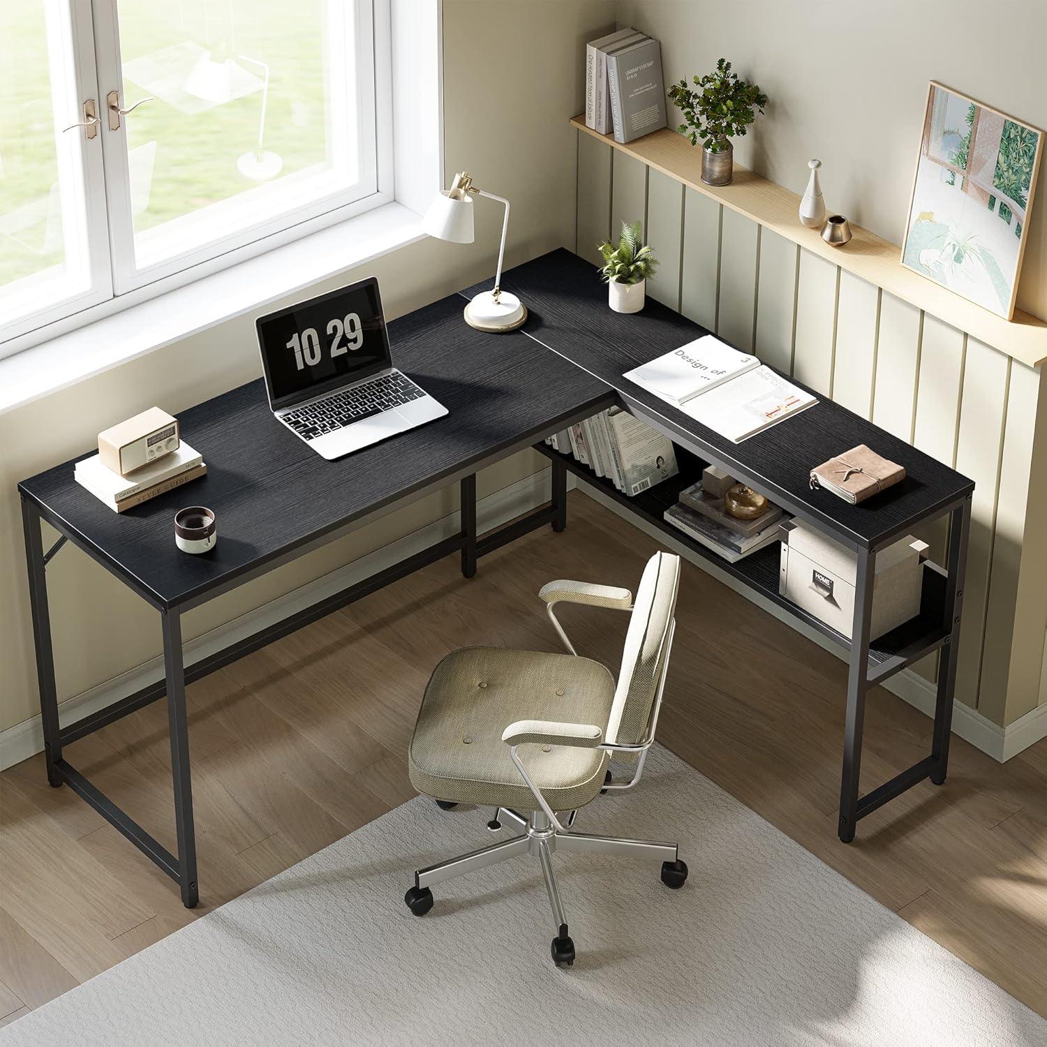 Black Wood L-Shaped Corner Desk with Drawers and USB Port