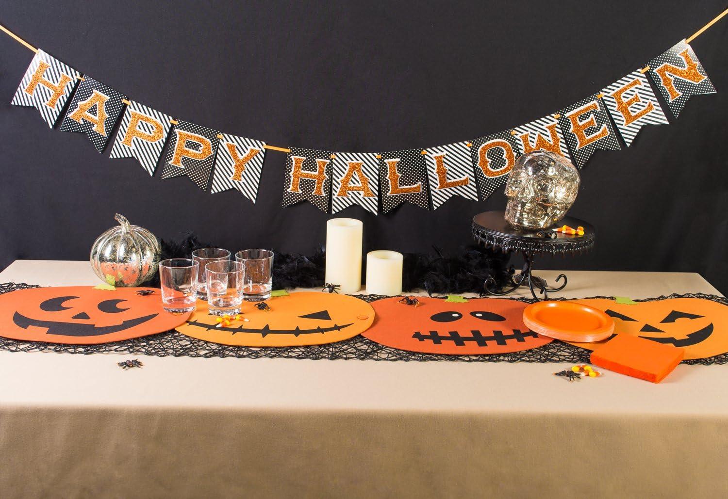 DII Halloween Party Tabletop Decor, Reusable & Machine Washable Cotton Fabric, Table Runner/Placemat Set, Jack o Lantern, 4 Piece