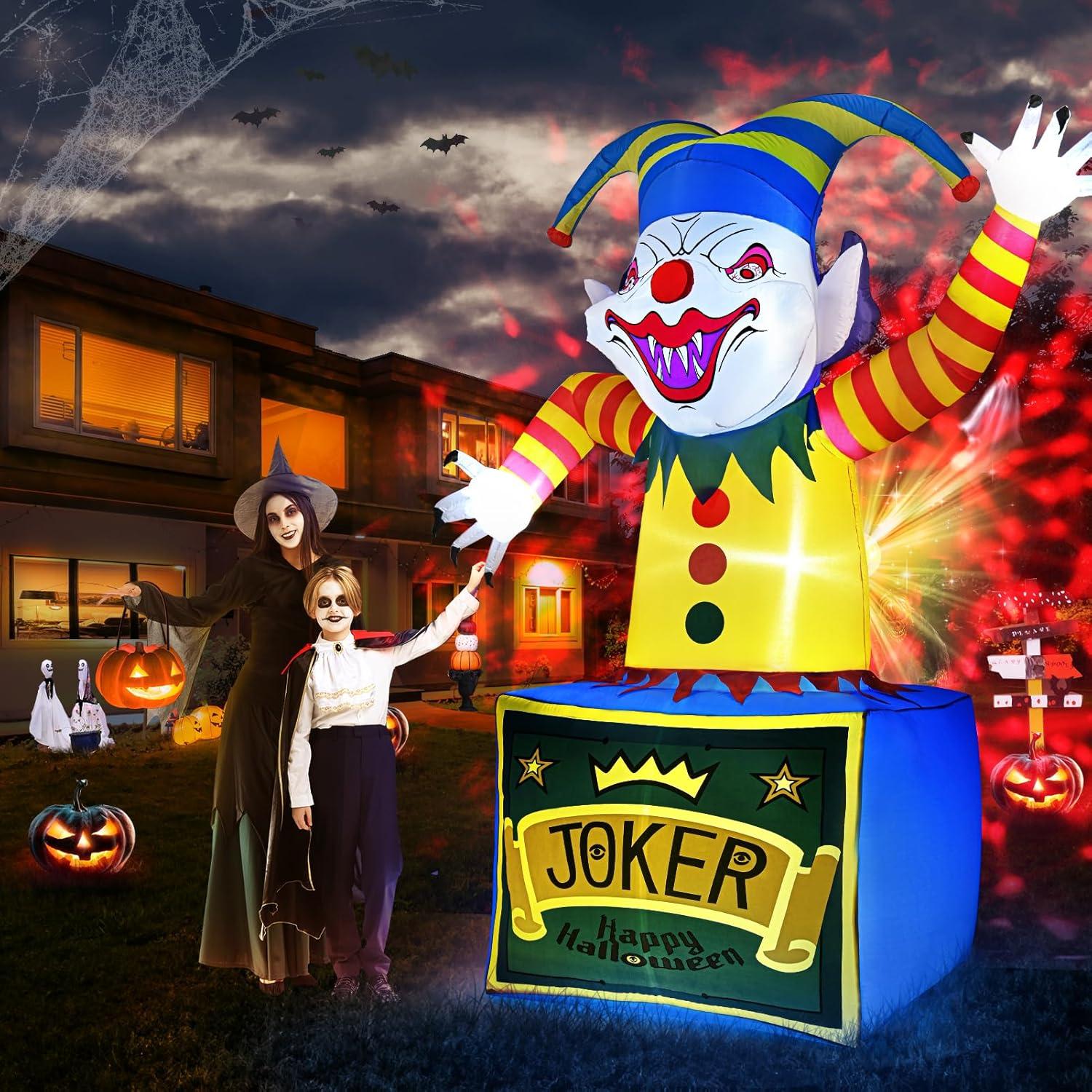 8 FT Halloween Inflatables Clown Outdoor Decorations with Dynamic Flame Projector Light, Halloween Blow Up Yard Decorations with LEDs for Outside Party Garden Lawn Decor