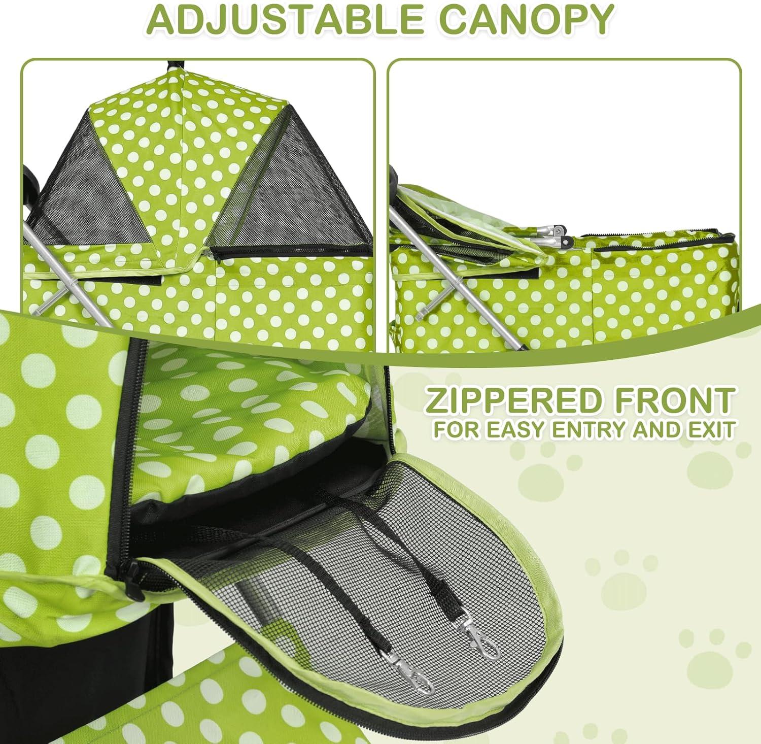 MoNiBloom 4 Wheel Foldable Dog Pet Stroller with Cup Holder, Lawn Green with White Polka Dots