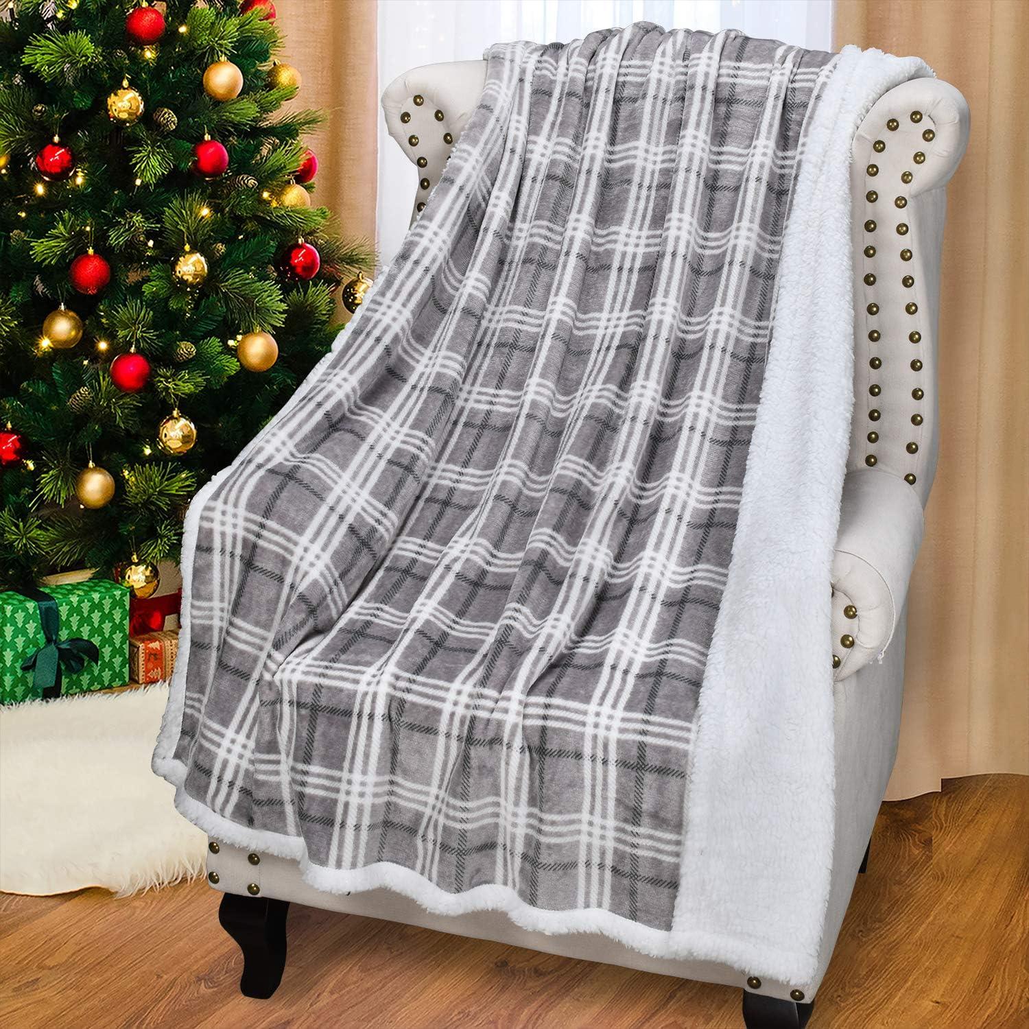 Catalonia Plaid Sherpa Throw Blanket, Holiday Throws for Couch Sofa Cabin Decro, Christmas Blanket