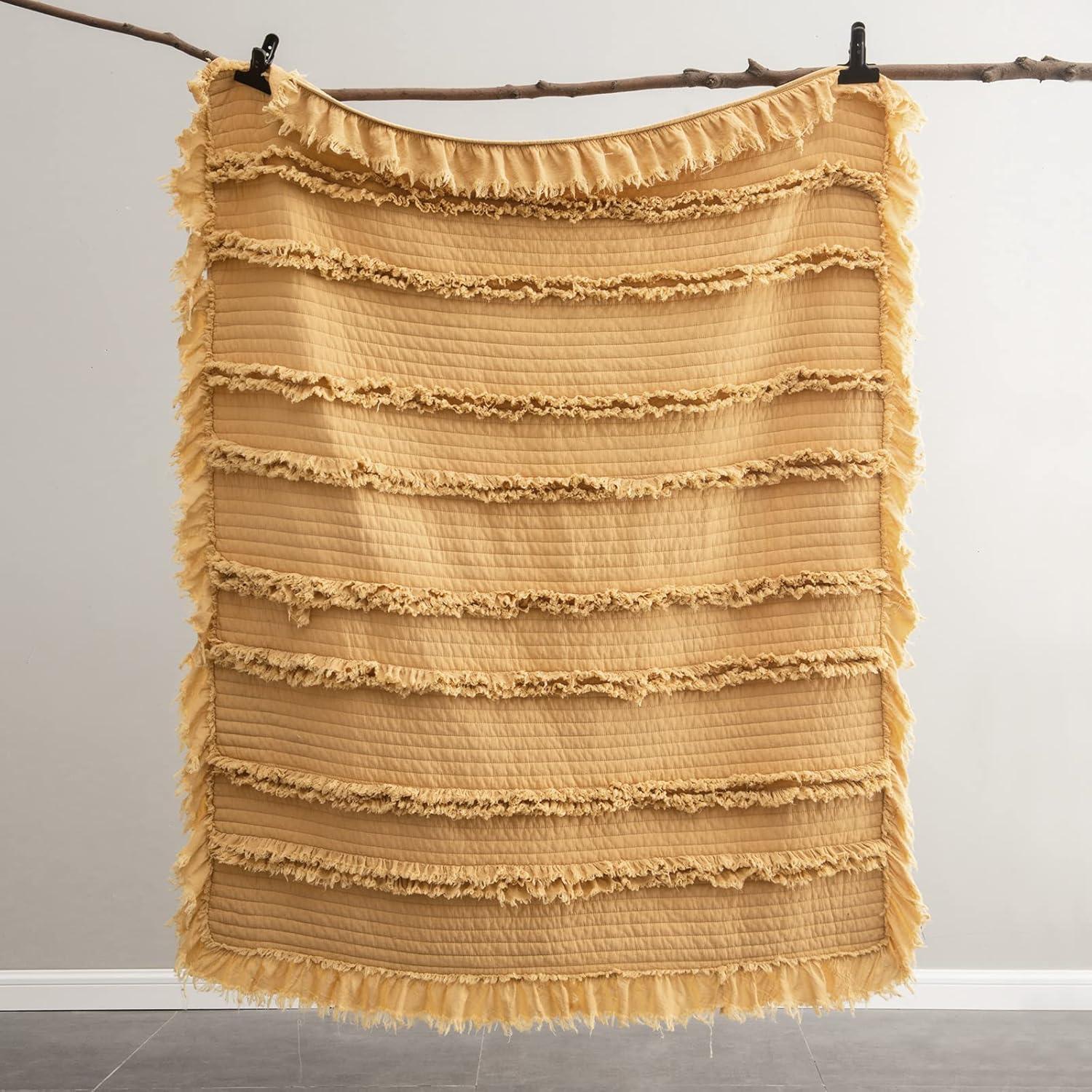 Ultra Soft Quilted Throw Blanket with Ruffle Fringe Pre-Washed, Boho Decor in Stone Washed Yellow, Rustic Chic Blanket for Sofa, Couch, Bed, or Chair,90"x 90"