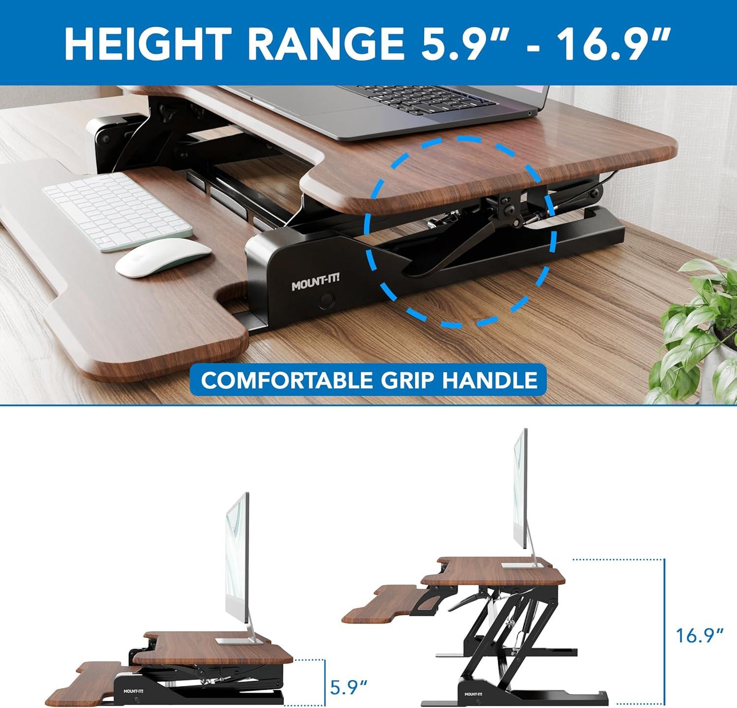 Mount-It! Compact Standing Desk Converter with 30" Desktop, Dark Walnut Woodgrain