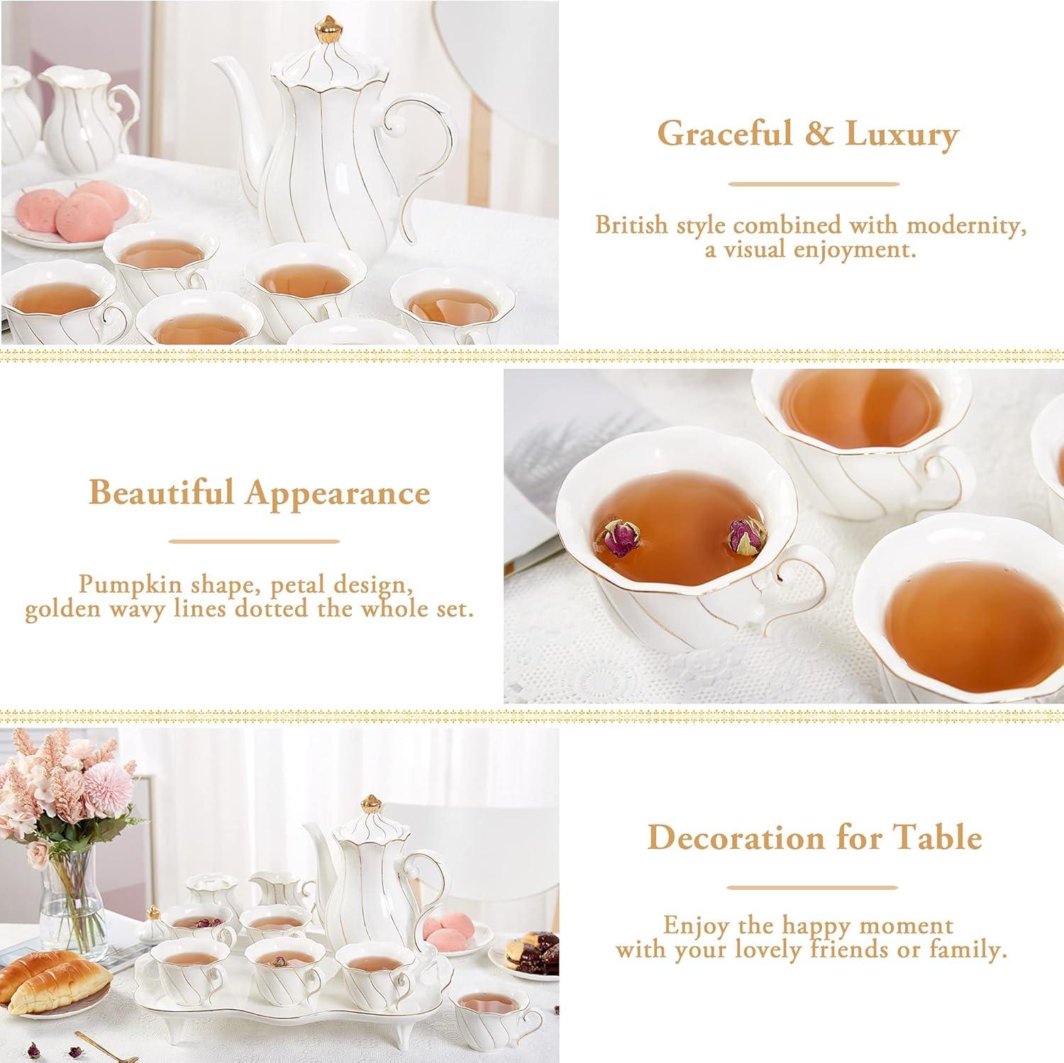 14 Pcs Tea Set For 6 With Tea Tray & Spoons, Luxury British Style Tea/Coffee Cup Set With Golden Trim, Beautiful Porcelain Tea Set For Living Room Decor, Tea Party Set, Gift Package - White