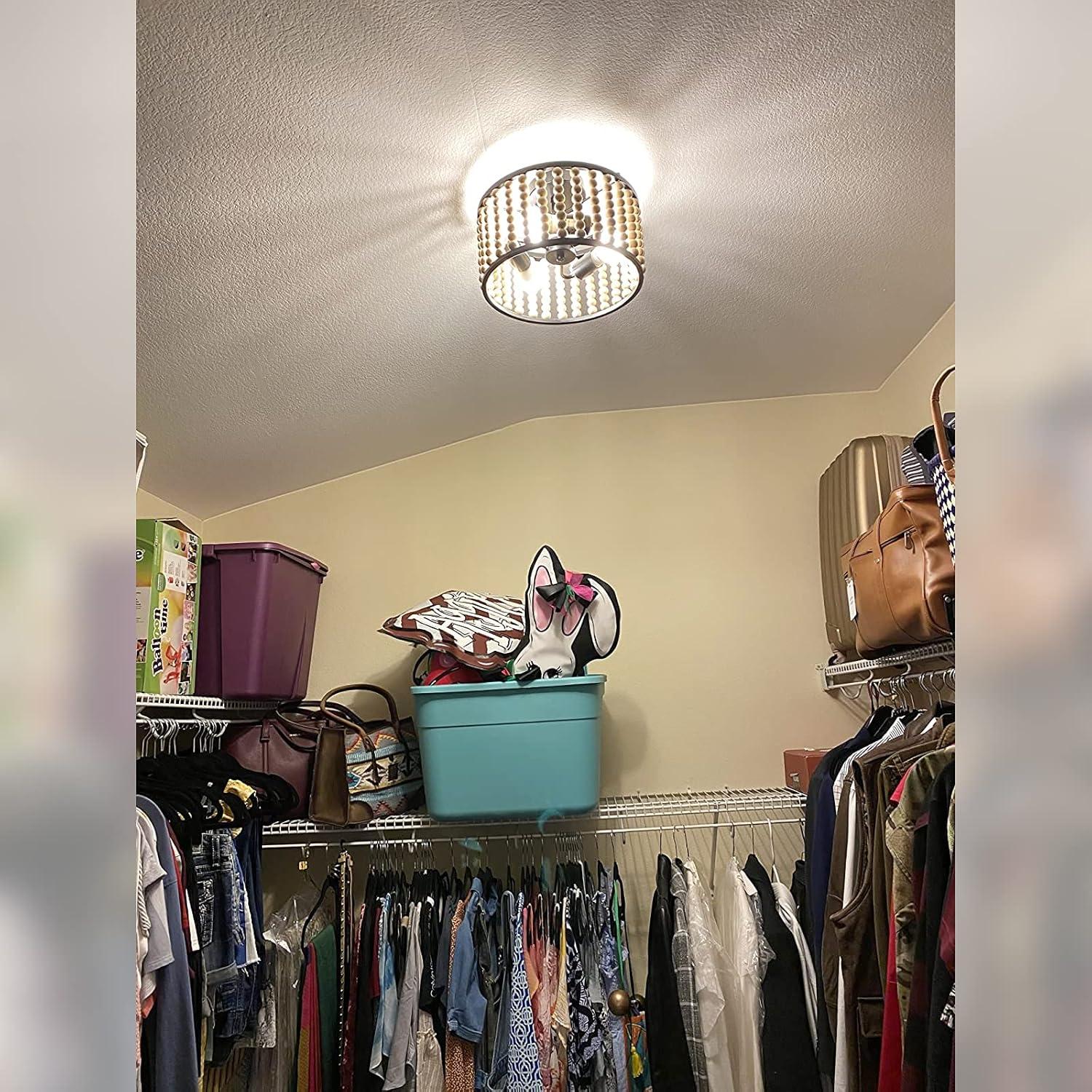 Farmhouse Boho Light Fixture, 3-Light Wood Beaded Chandelier, Black Semi Flush Mount Ceiling Light for Dining Room, Kitchen, Hallway, Bedroom, Living Room