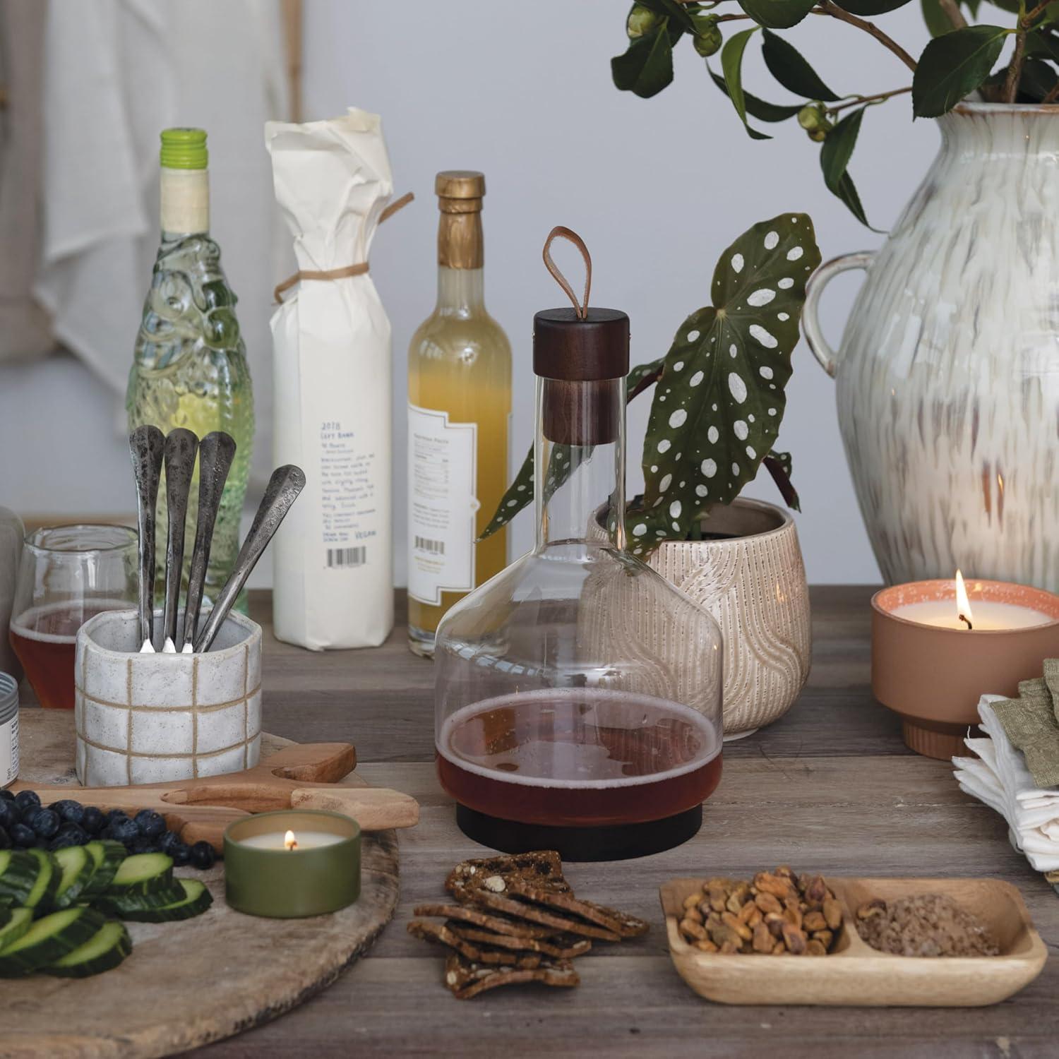 Clear Glass Carafe with Acacia Wood Base and Leather Pull