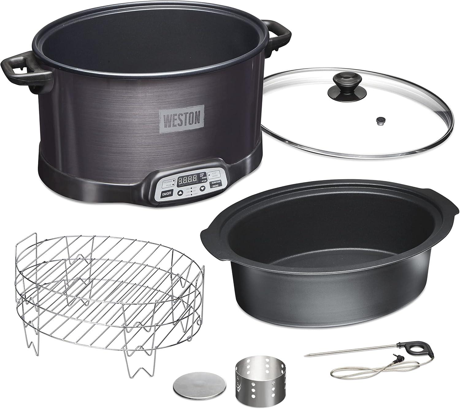 Weston 2in1 Indoor Smoker & Slow Cooker 03-2500-W: 6 Qt Programmable Crock Pot, Dishwasher-Safe, Automatic Probe