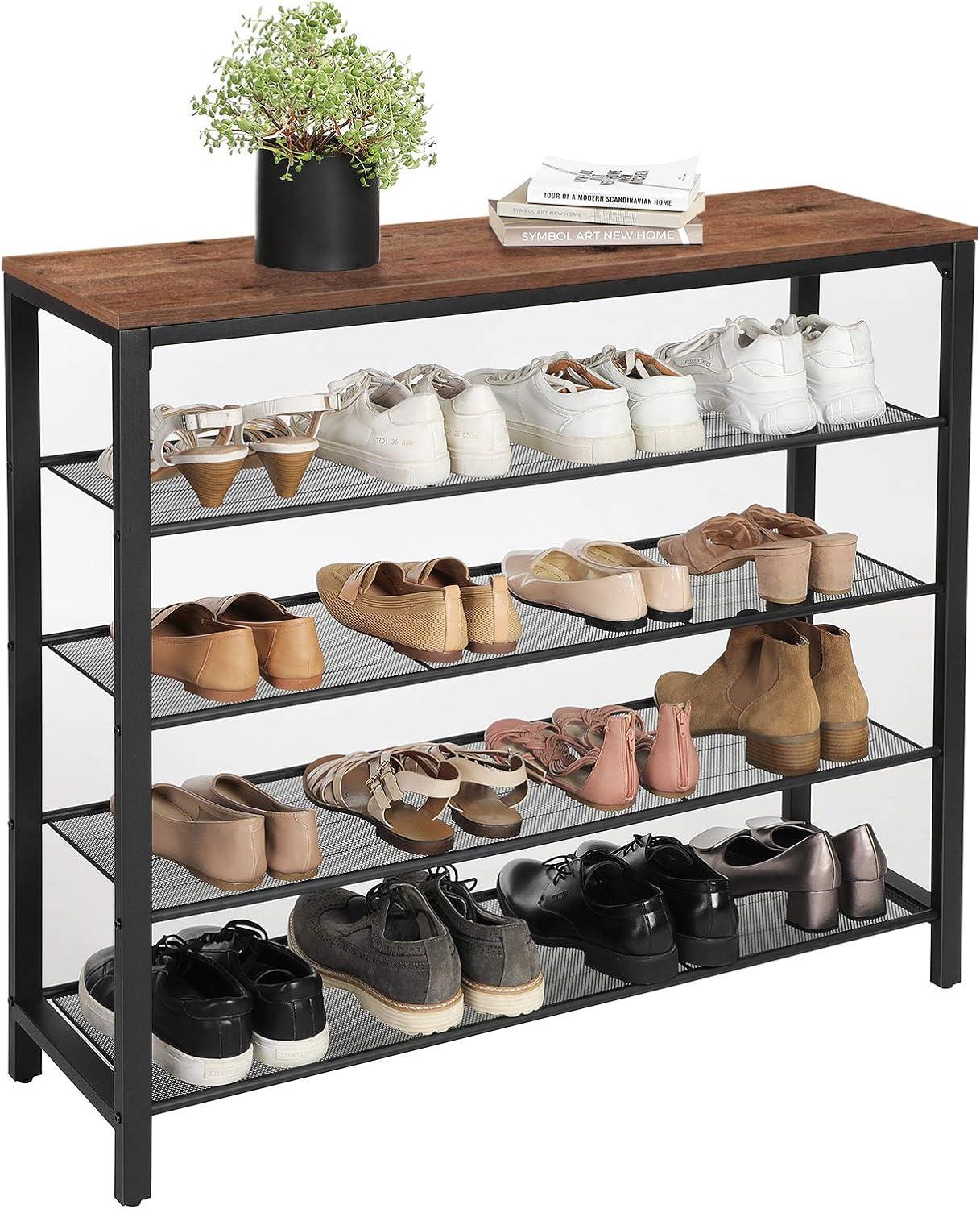 Vasagle 5-Tier Shoe Rack Bench Shoe Organizer for Closet 4 Mesh Shelves Entryway Hallway Shoe Shelf Steel Frame Industrial Brown and Black