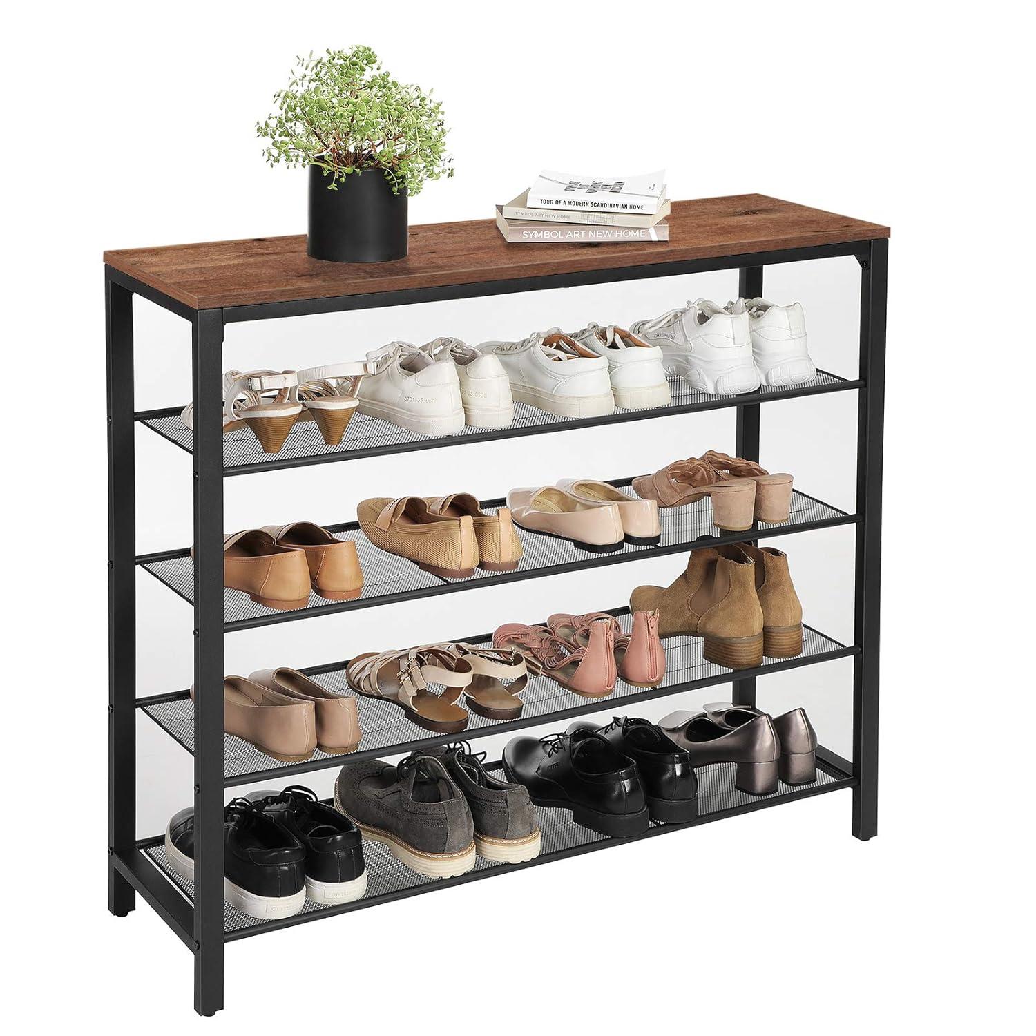 5-Tier Shoe Rack Bench Shoe Organizer for Closet 4 Mesh Shelves Entryway Hallway Shoe Shelf Steel Frame Industrial Brown and Black