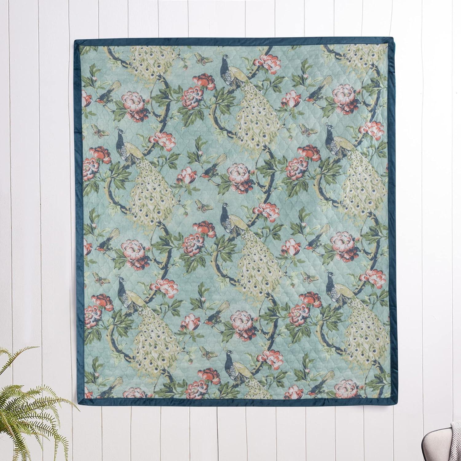 Jade Floral and Peacock Quilted Throw Blanket