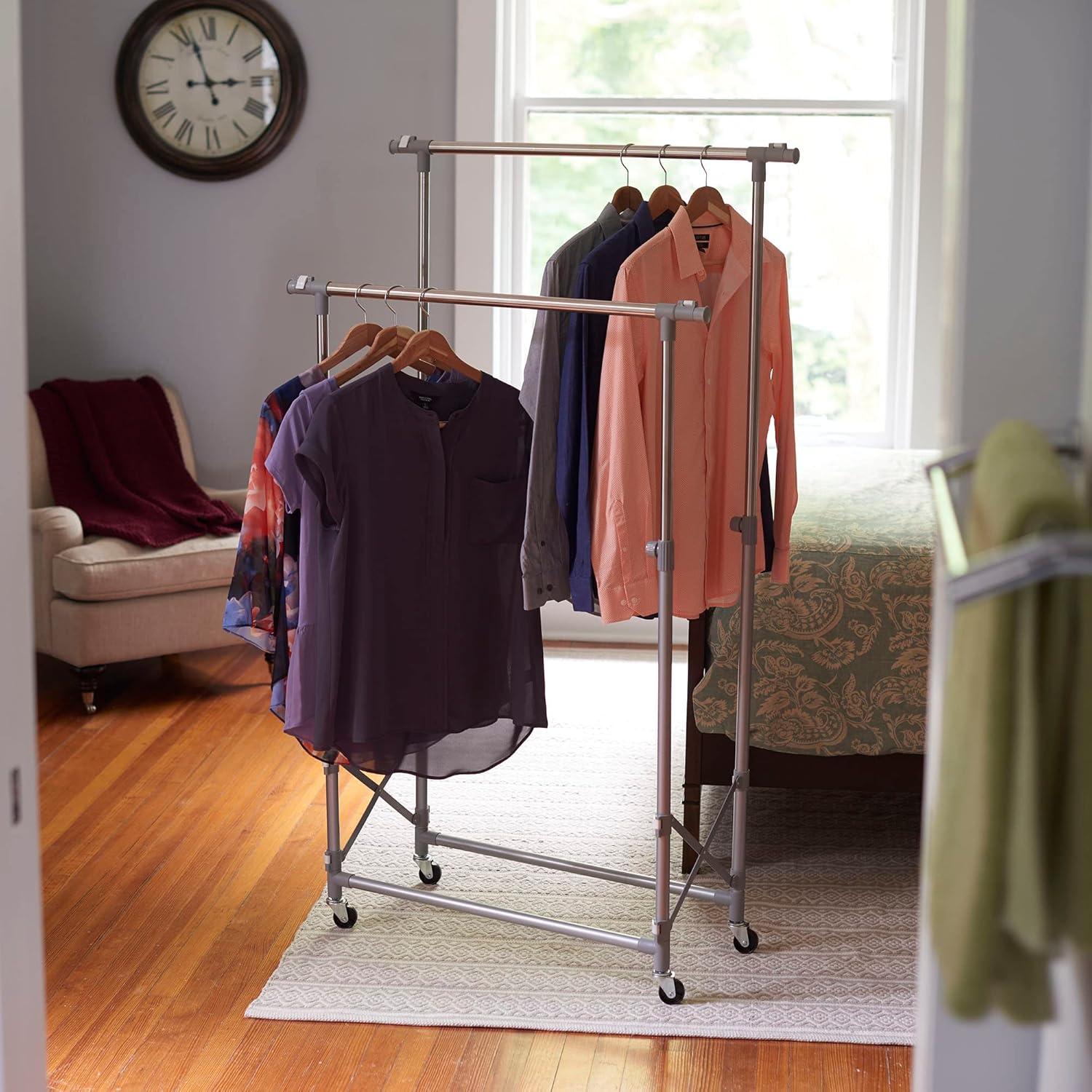 Adjustable Silver Double Garment Rack with Wheels