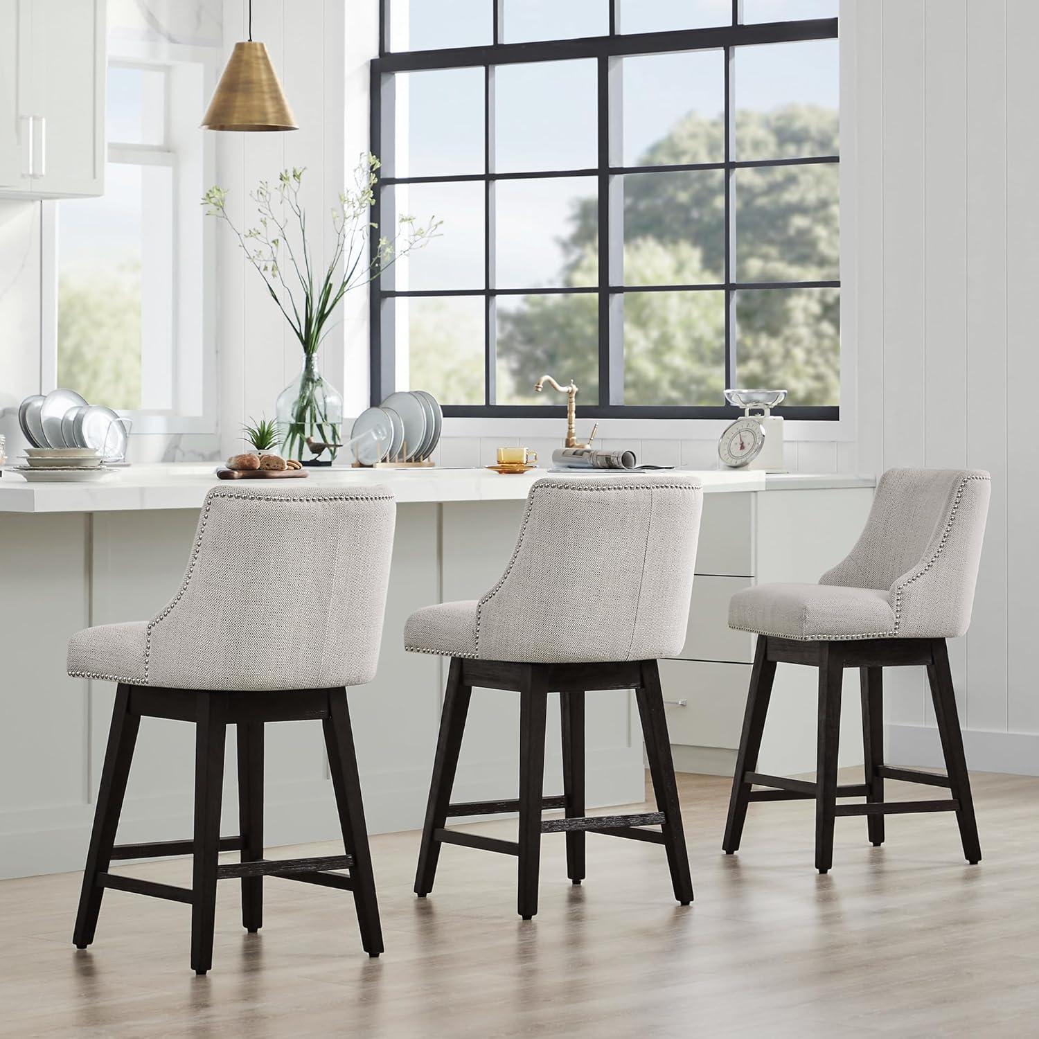 Ivory Upholstered Swivel Barstool with Birch Wood Legs