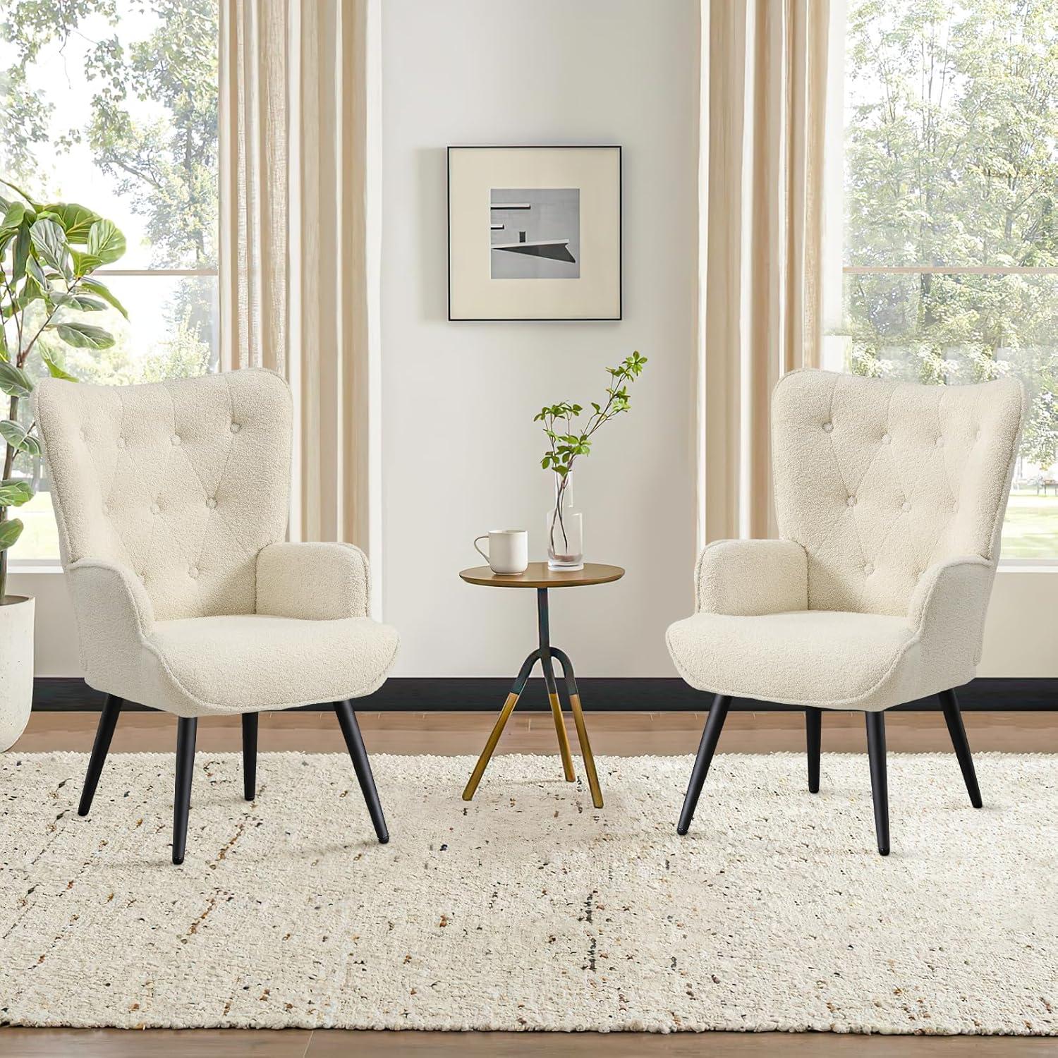 Furniliving Tufted Button Wingback Chair Upholstered Sherpa Accent Chair with Wide Arm Modern Leisure Club Chair, Lvory white