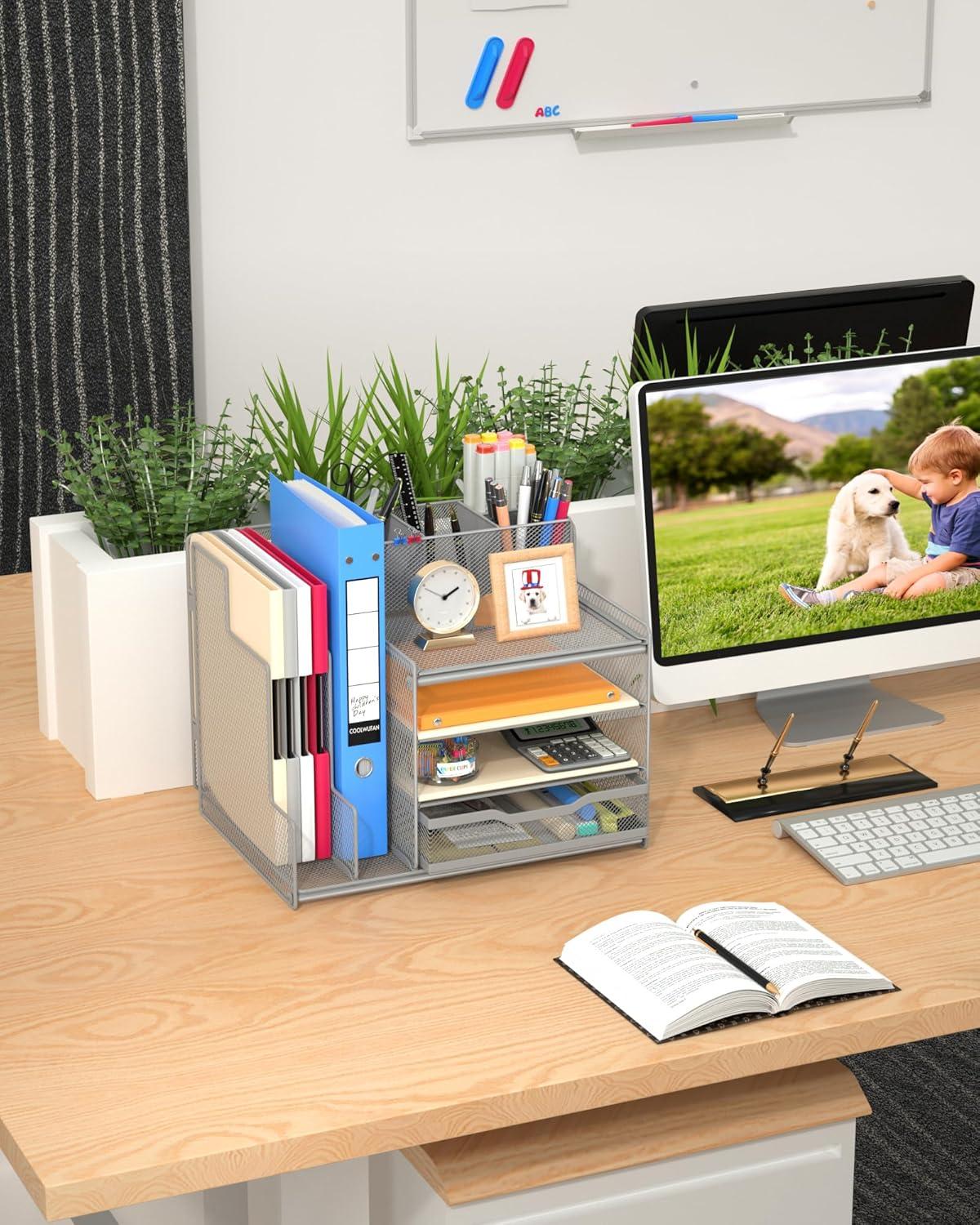 VIVSOL Desk Organizer with Mesh File Holder, 4-Tier Office Supplies Desk Organizers and Accessories with Sliding Drawers & Pen Holder, Desk File Organizer and Storage for Office, School, Home, Black