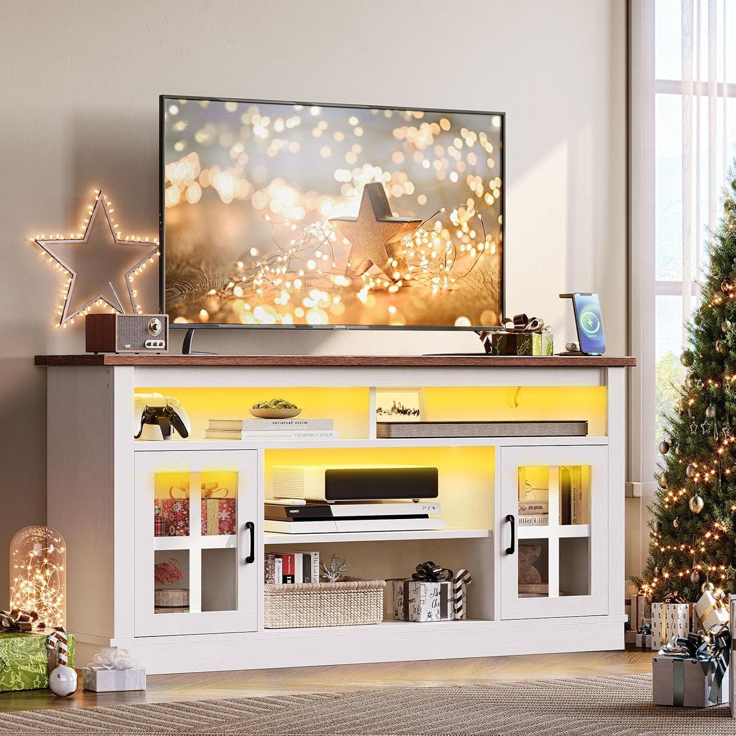 TV Stand for 65 Inch TVs,Farmhouse Entertainment Center with LED Lights and Charging Station,TV Cabinet/Console Table with Adjustable Shelves and Glass Doors for Living Room White+Walnut