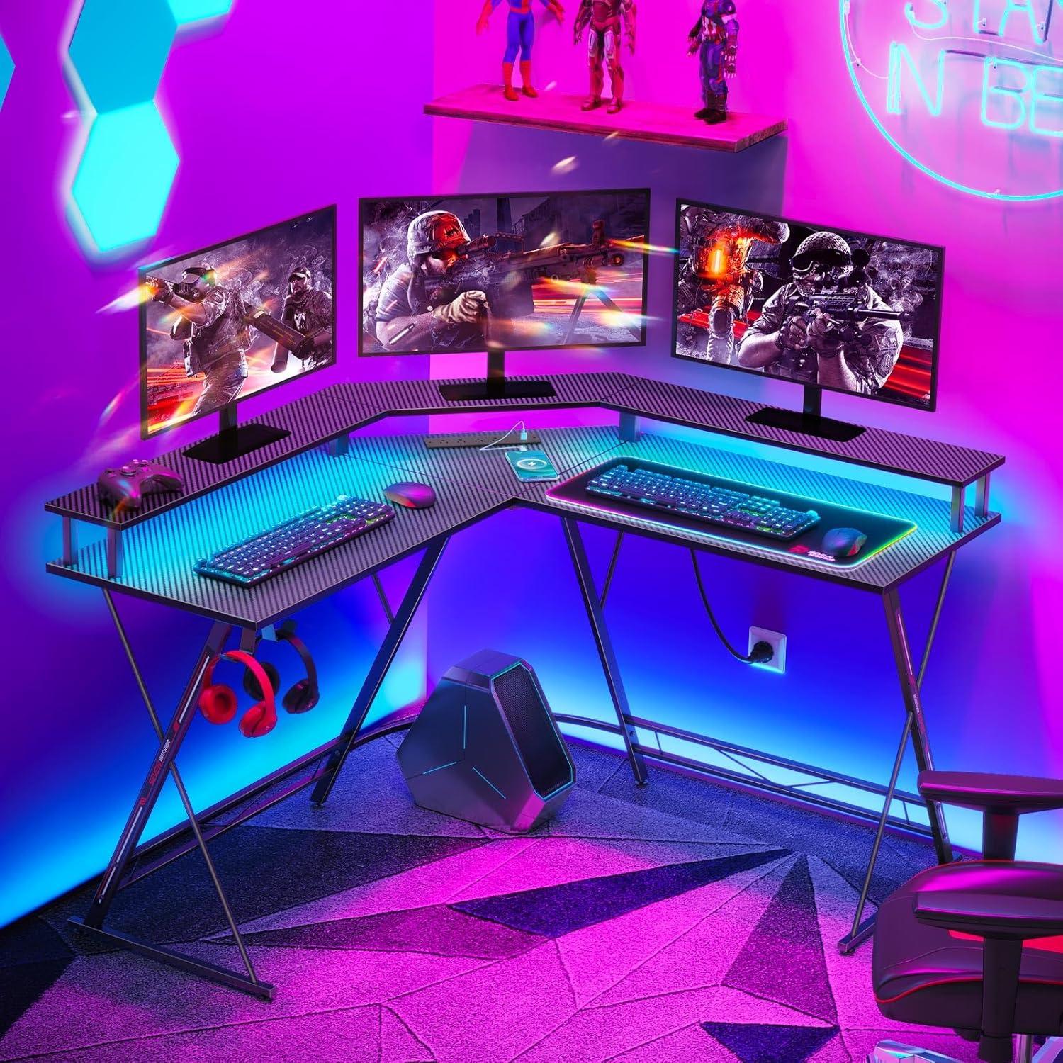 Black L-Shaped Gaming Desk with LED Lights and Monitor Stand