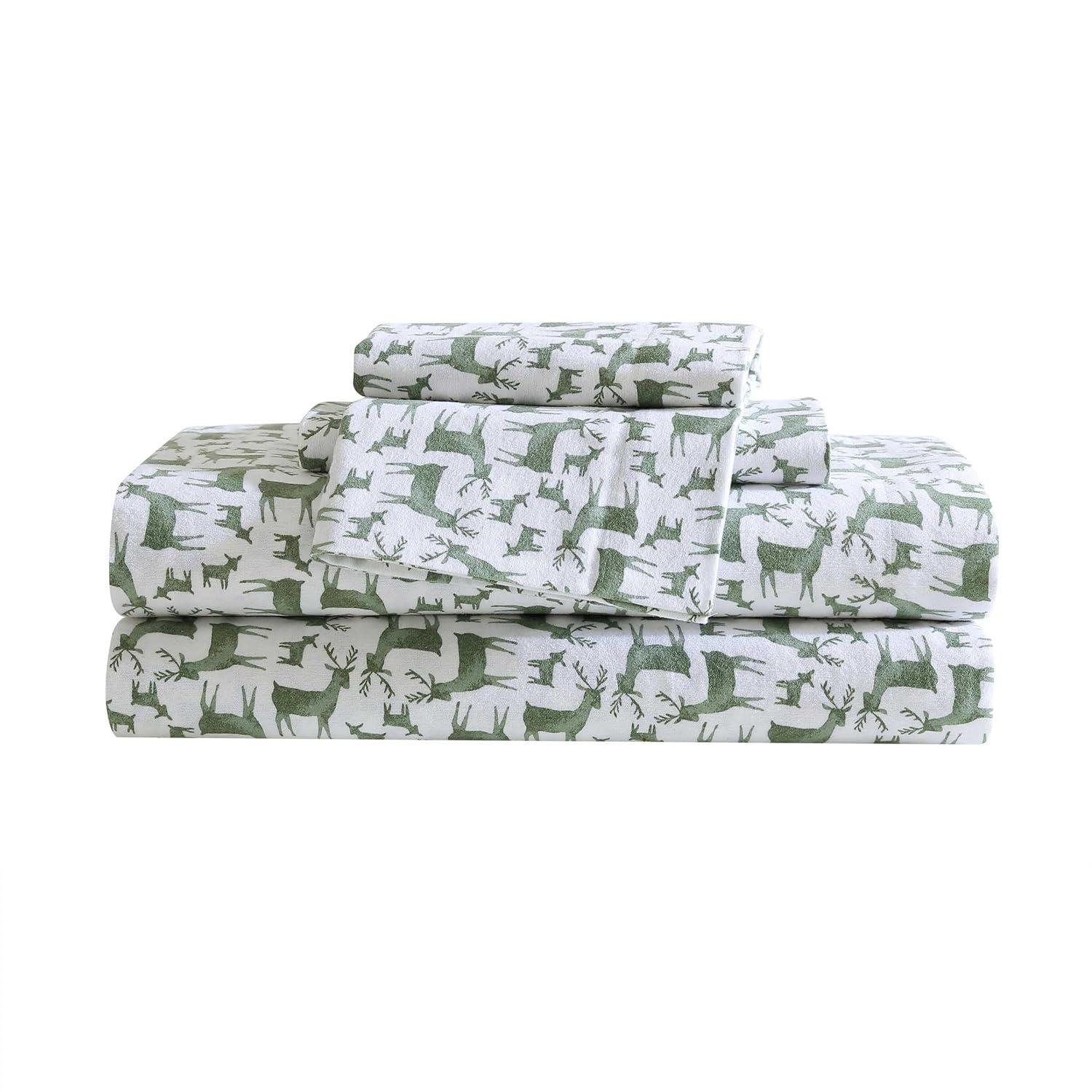 Eddie Bauer Deer Camp Green 100% Cotton Flannel Twin Sheet Set