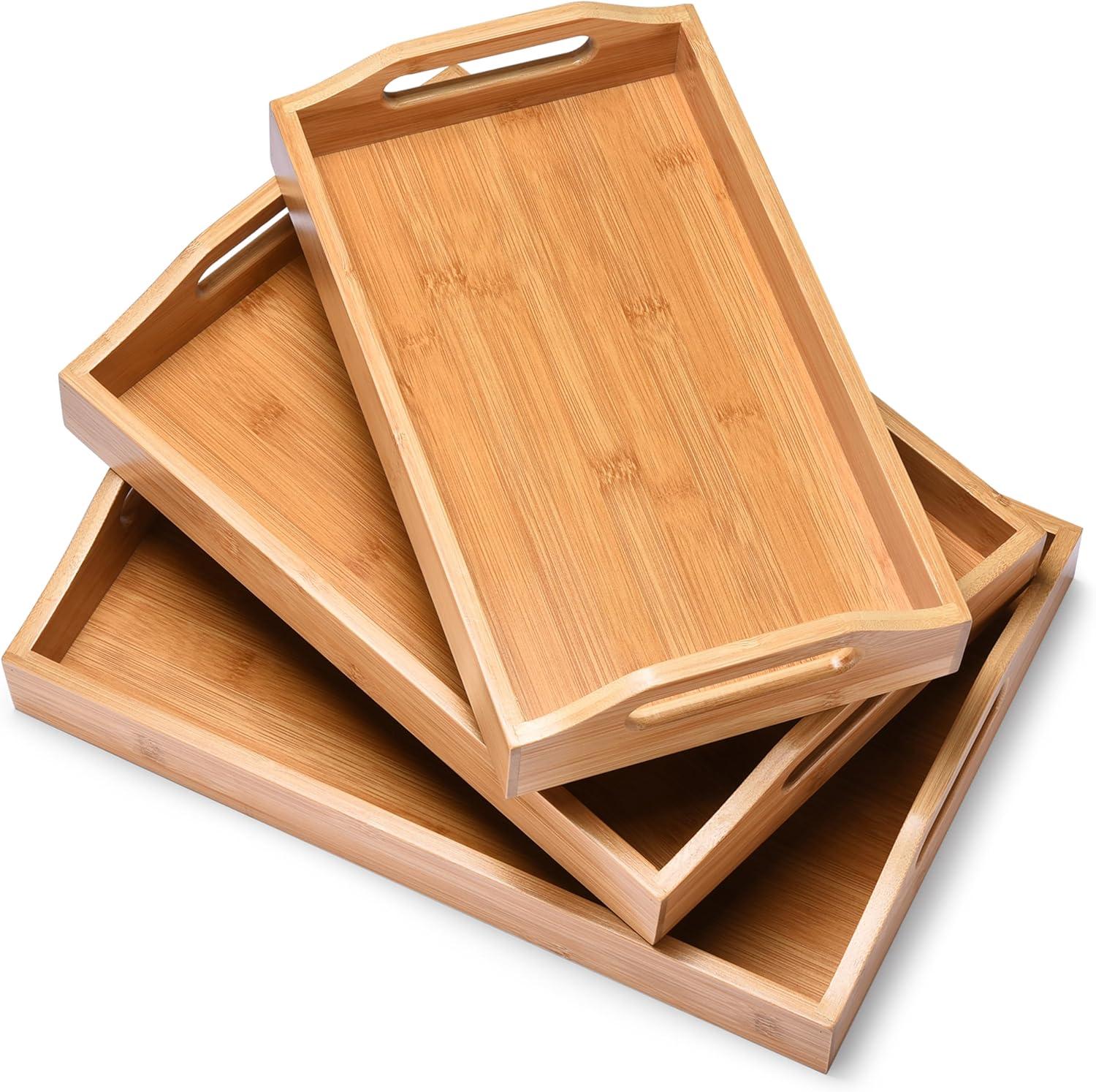 Prosumer's Choice Bamboo Serving Tray with Handles, Set of 3-Brown