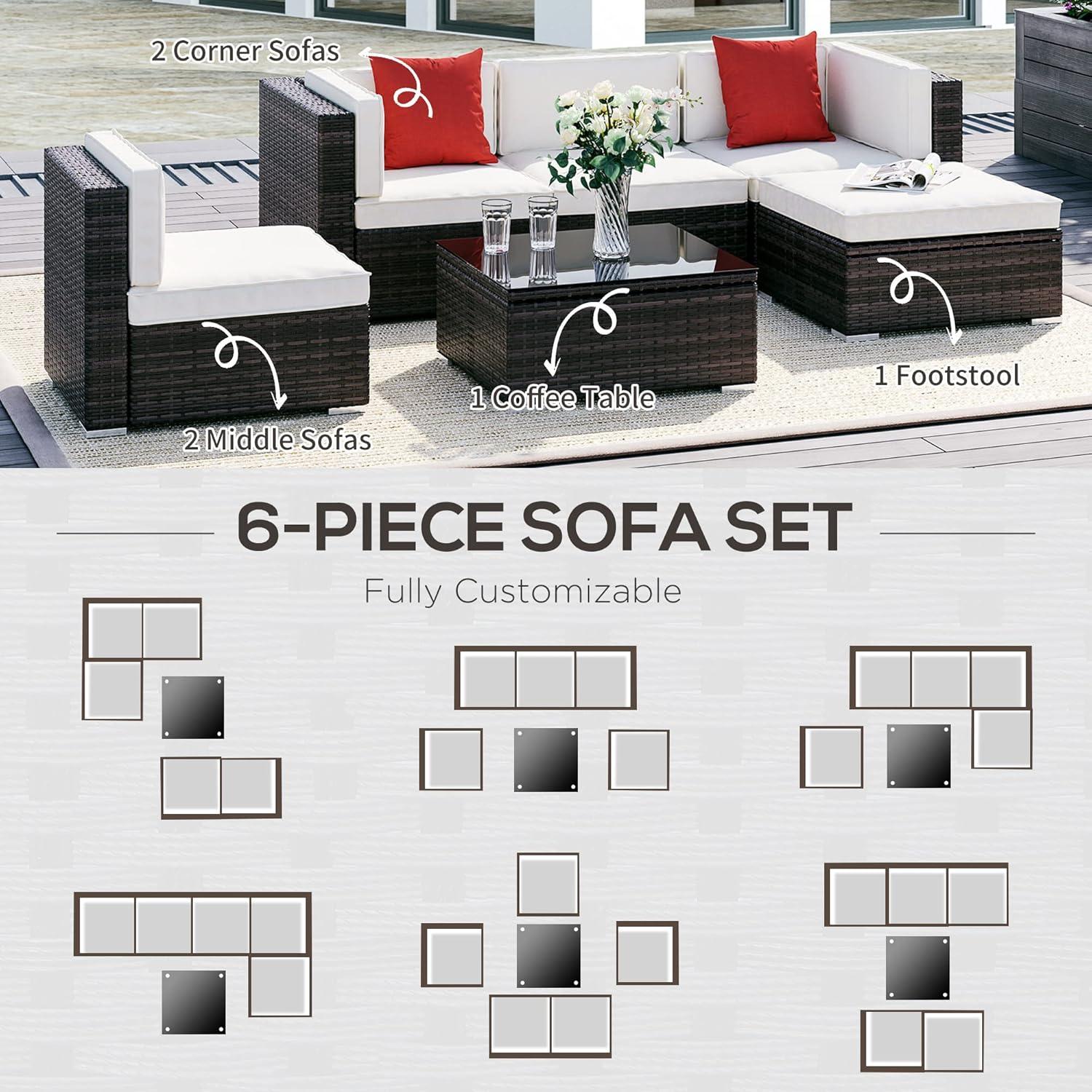 Outsunny 6 Pieces Outdoor PE Rattan Sofa Set, Sectional Conversation Wicker Patio Couch Furniture Set with Cushions and Coffee Table, White