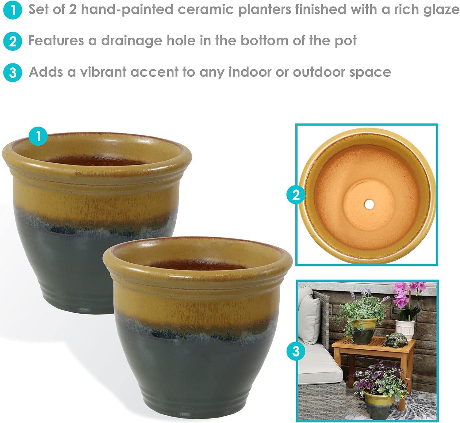 Sunnydaze Studio Outdoor/Indoor High-Fired Glazed UV- and Frost-Resistant Ceramic Planters with Drainage Holes