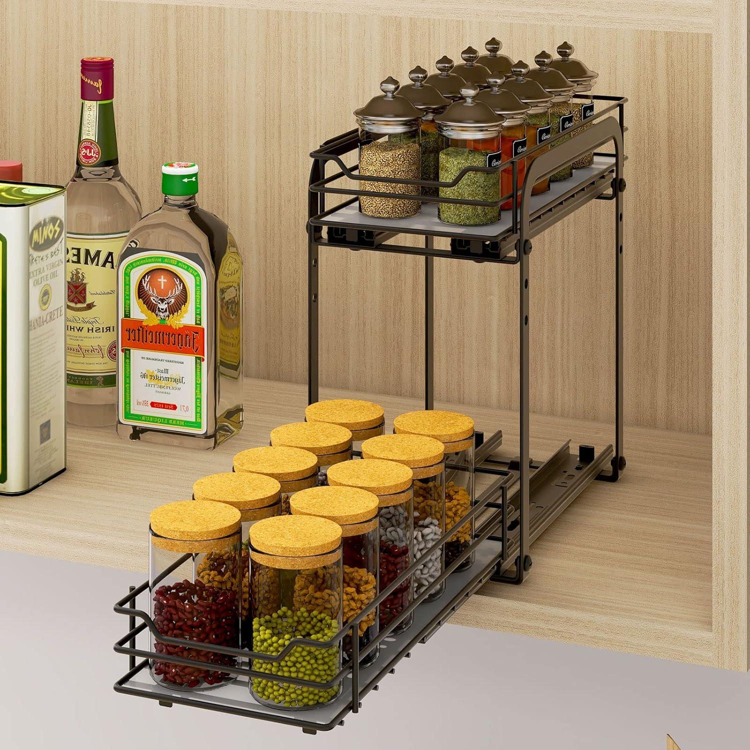 Black Metal 2-Tier Pull Out Spice Rack Organizer