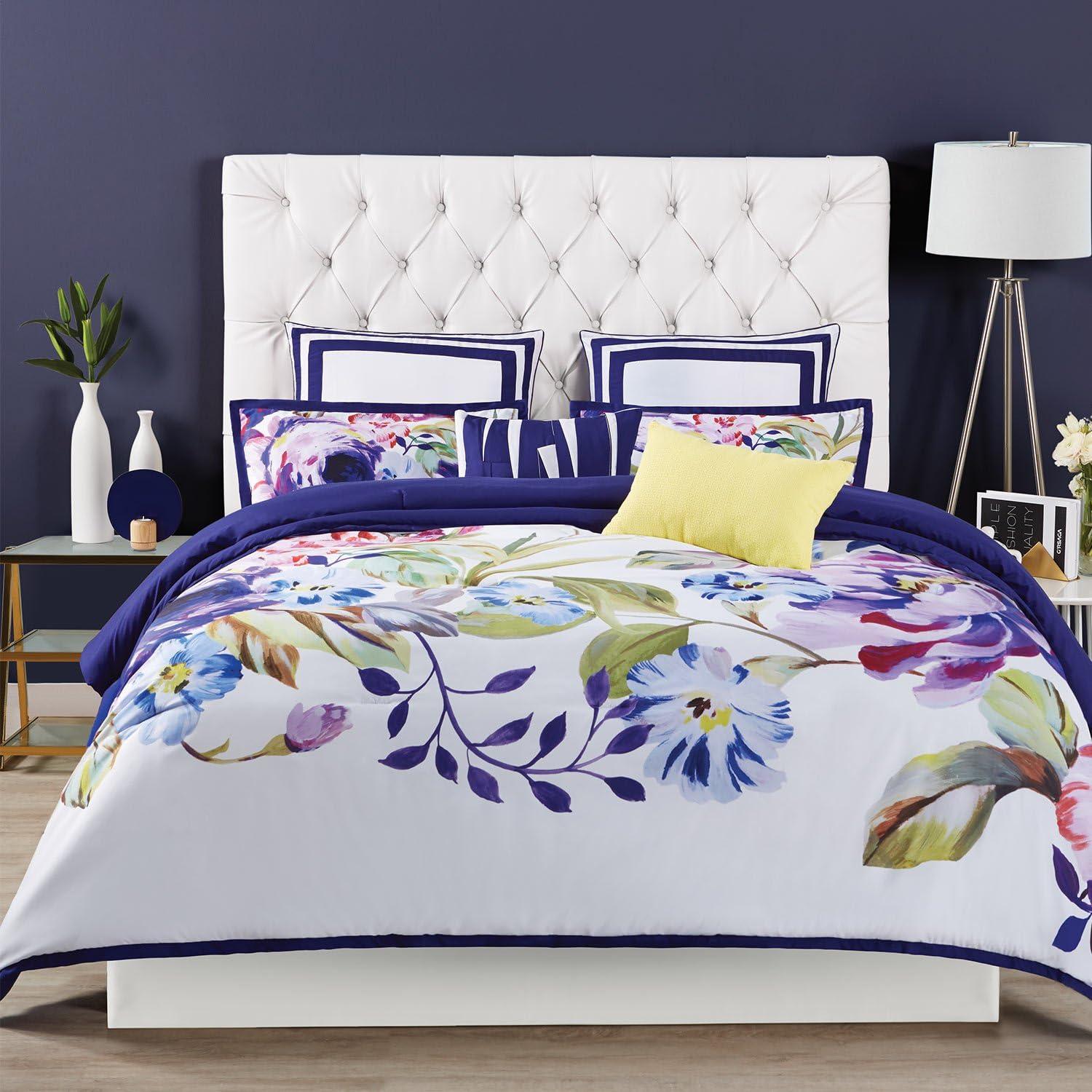 King Size Floral Indigo and Fuchsia Cotton Duvet Cover Set