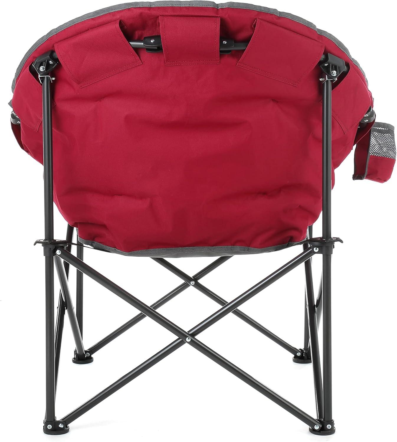 ARROWHEAD OUTDOOR Oversized Heavy-Duty Club Folding Camping Chair w/ External Pocket, Cup Holder, Portable, Padded, Moon, Round, Saucer, Supports 330lbs, Carrying Bag, USA-Based Support (Burgundy Red)