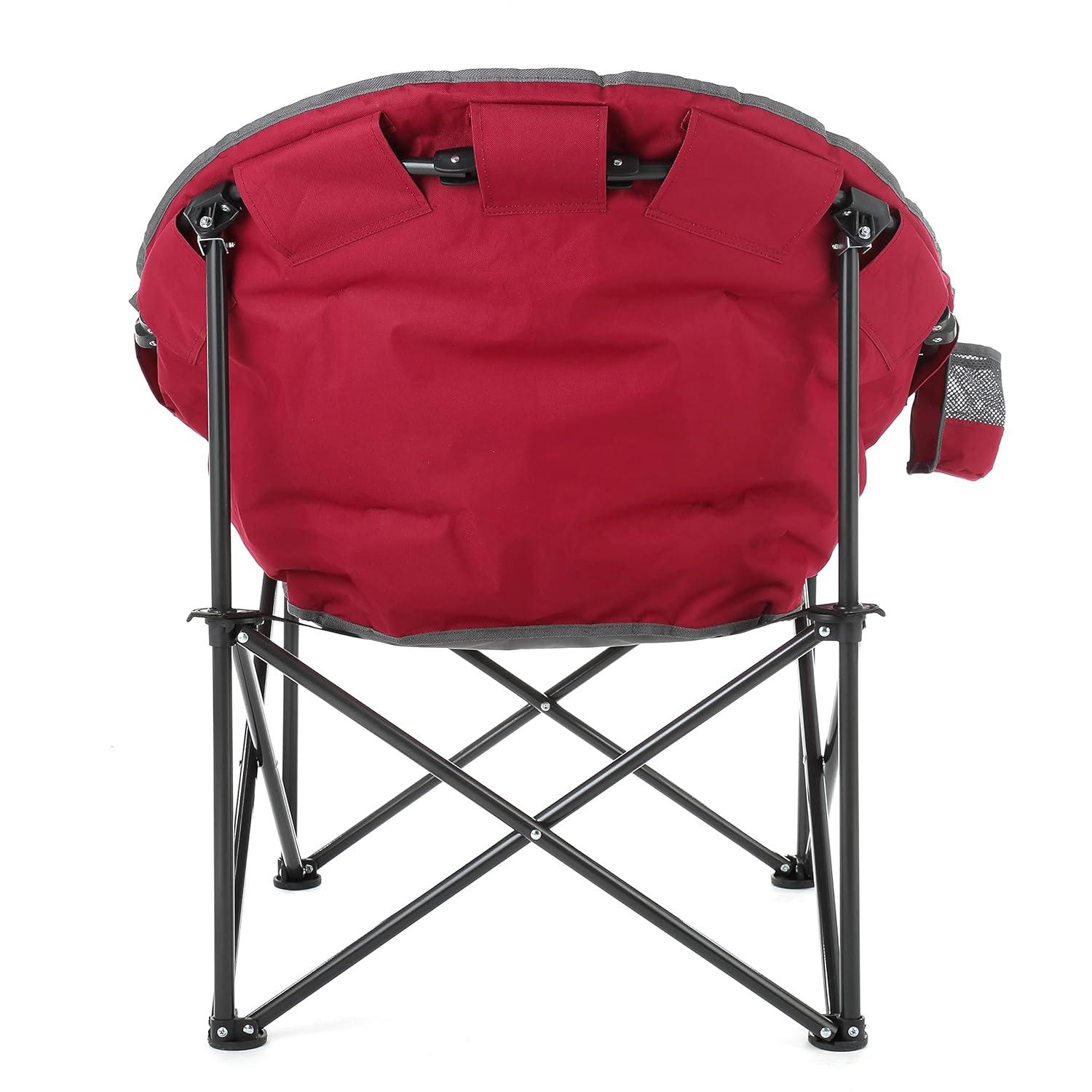 ARROWHEAD OUTDOOR Oversized Heavy-Duty Club Folding Camping Chair w/ External Pocket, Cup Holder, Portable, Padded, Moon, Round, Saucer, Supports 330lbs, Carrying Bag, USA-Based Support (Burgundy Red)