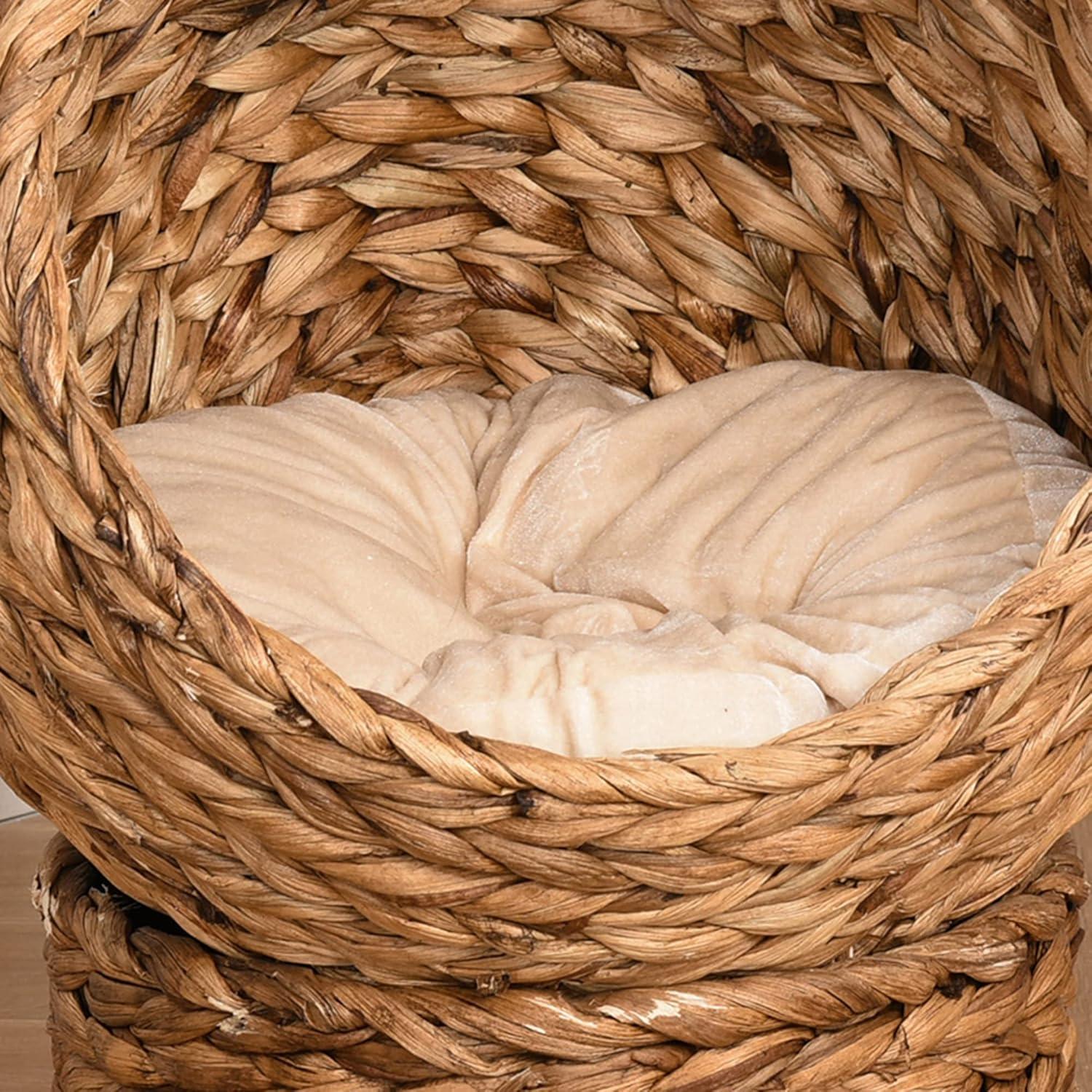 PawHut 20" Natural Braided Elevated Cat Bed Basket House Chair Sofa With Cushion