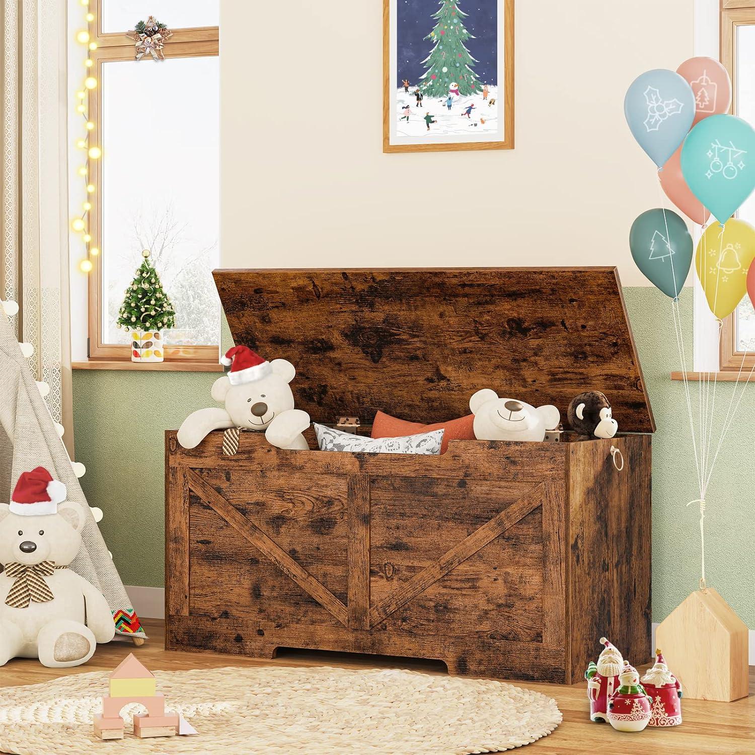 HOOBRO 39.4" Storage Chest Retro Toy Box Organizer with Safety Hinge Rustic Brown BF771CW01