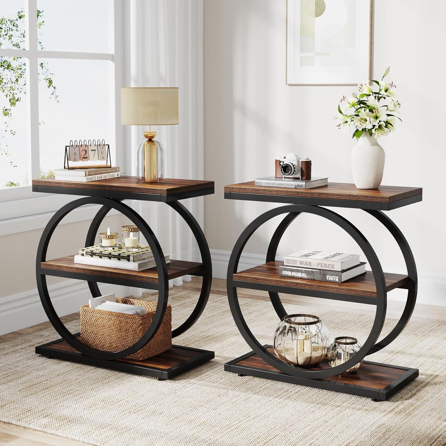 Rustic Brown and Black 3-Tier Industrial End Table Set with Metal Accents