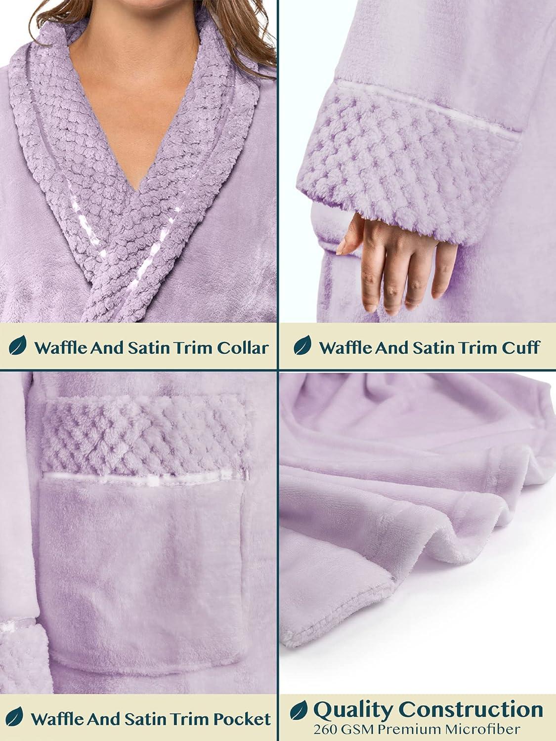 PAVILIA Soft Plush Women Fleece Robe, Cozy Warm Housecoat Bathrobe, Fuzzy Female Long Spa Robes (Lavender, Small-Medium)