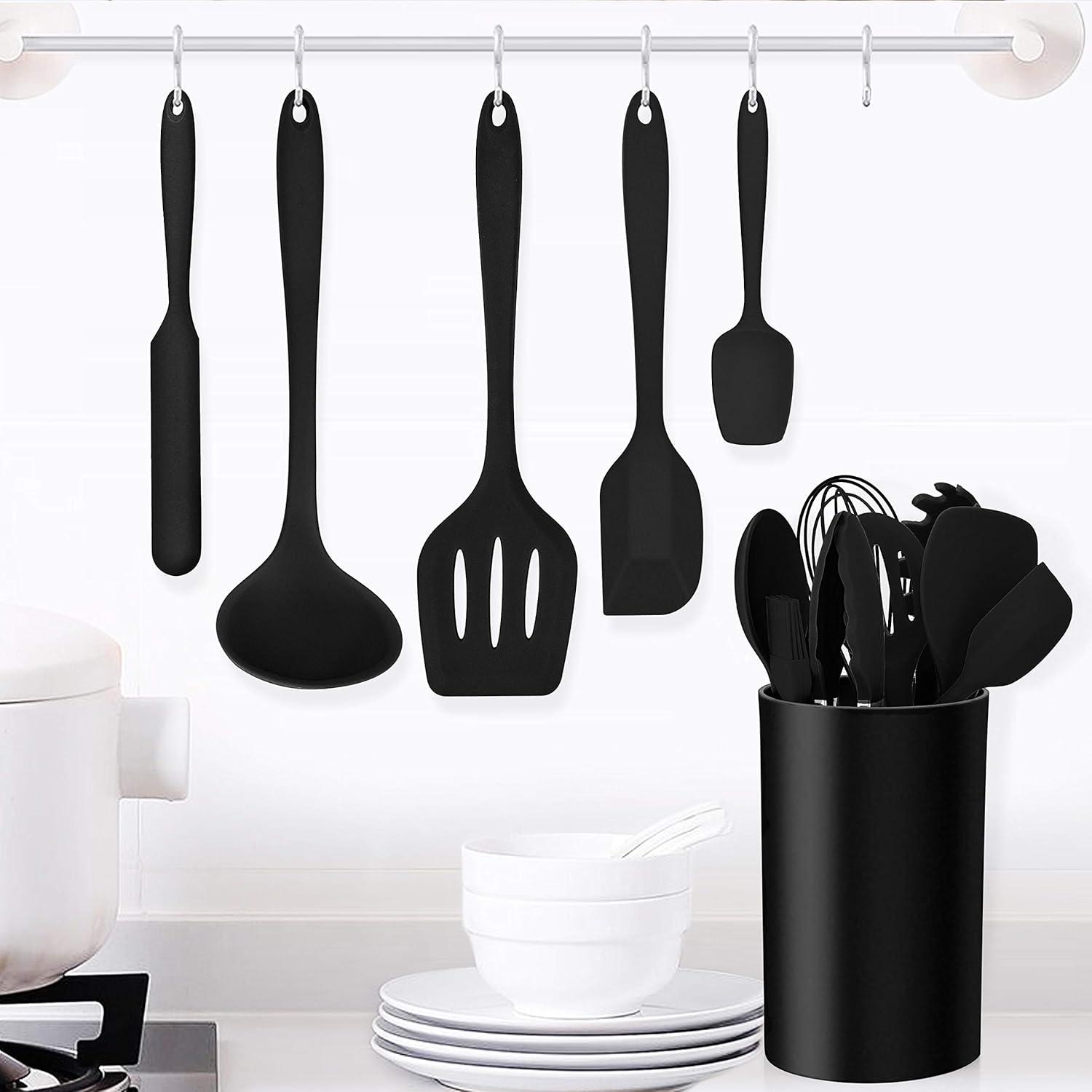 Walchoice 14 Pcs Cooking Utensils Set with Holder, Heat Resistant Silicone Kitchen Cookware Utensils Set, Kitchen Cooking Tools Includes Spatula Spoon Turner Whisk Tong, Dishwasher safe, Black