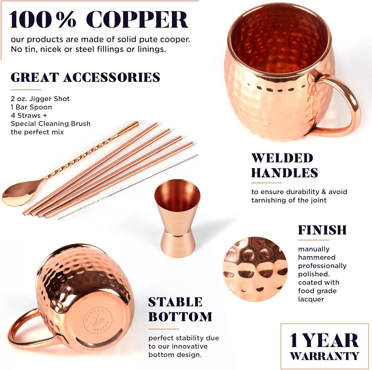 Handcrafted Copper Moscow Mule Mug Set with Straws and Jigger