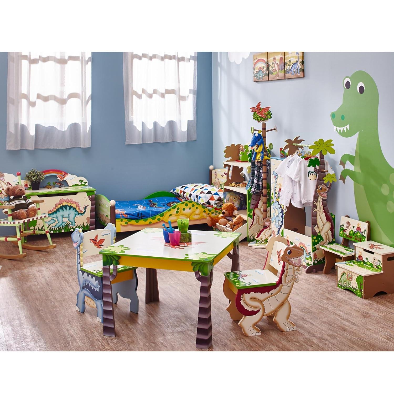 Teamson Kids Dinosaur Kingdom Kids Wooden 3-Tier Bookshelf with Drawer
