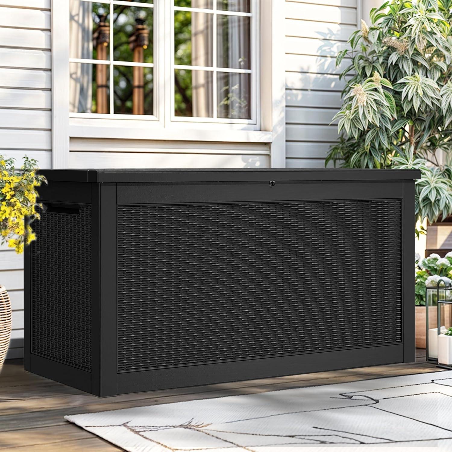 YITAHOME 32 Gallon Rattan Deck Box, Indoor Outdoor Storage Box for Patio Furniture, Pool Accessories, Cushions, Garden Tools, Sports Equipment, Waterproof Resin with Lockable Lid & Side Handles, Black
