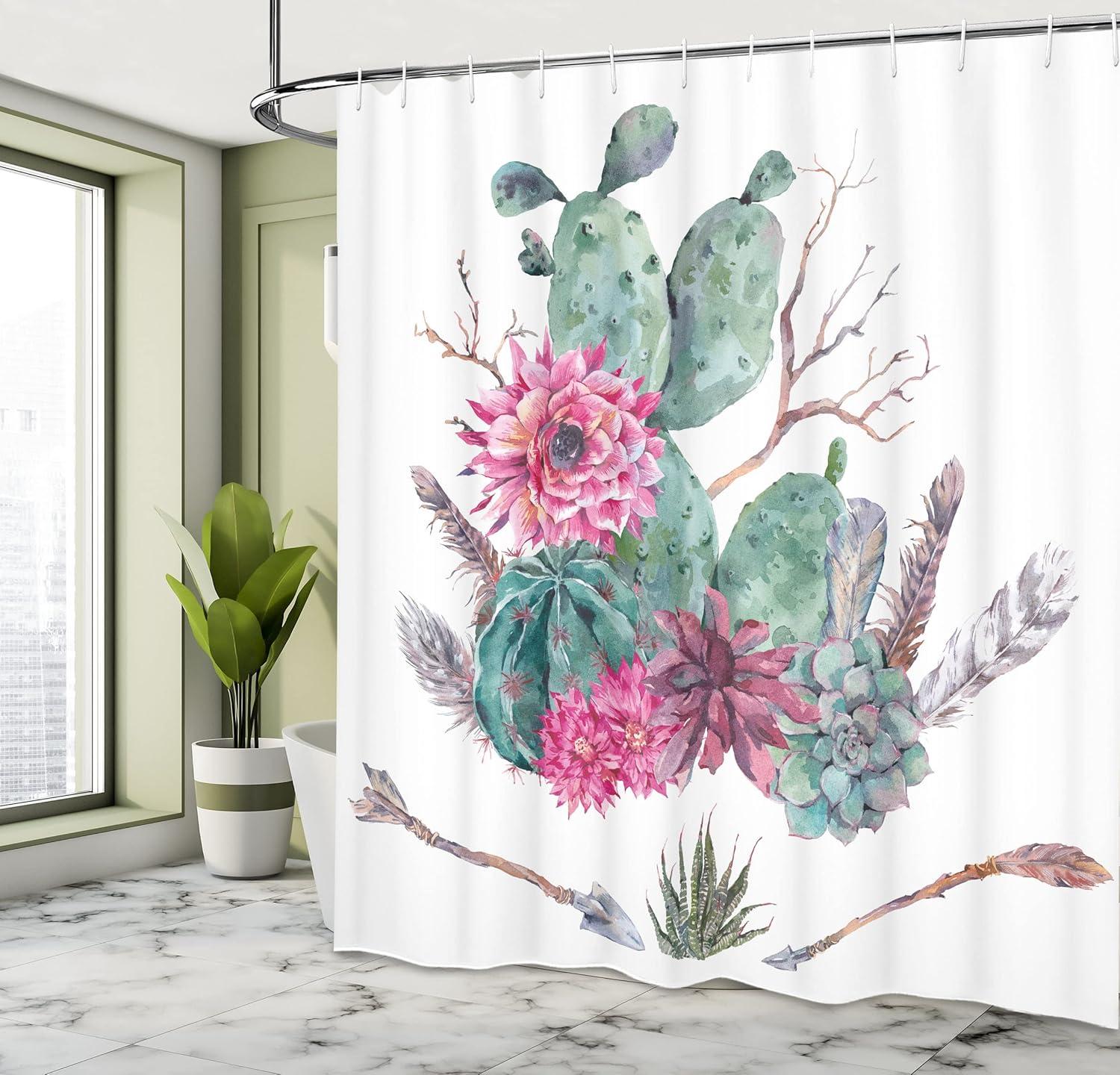 Ambesonne Cactus Shower Curtain, Exotic Bouquet Vintage, 69"Wx84"L, Green Pink Brown