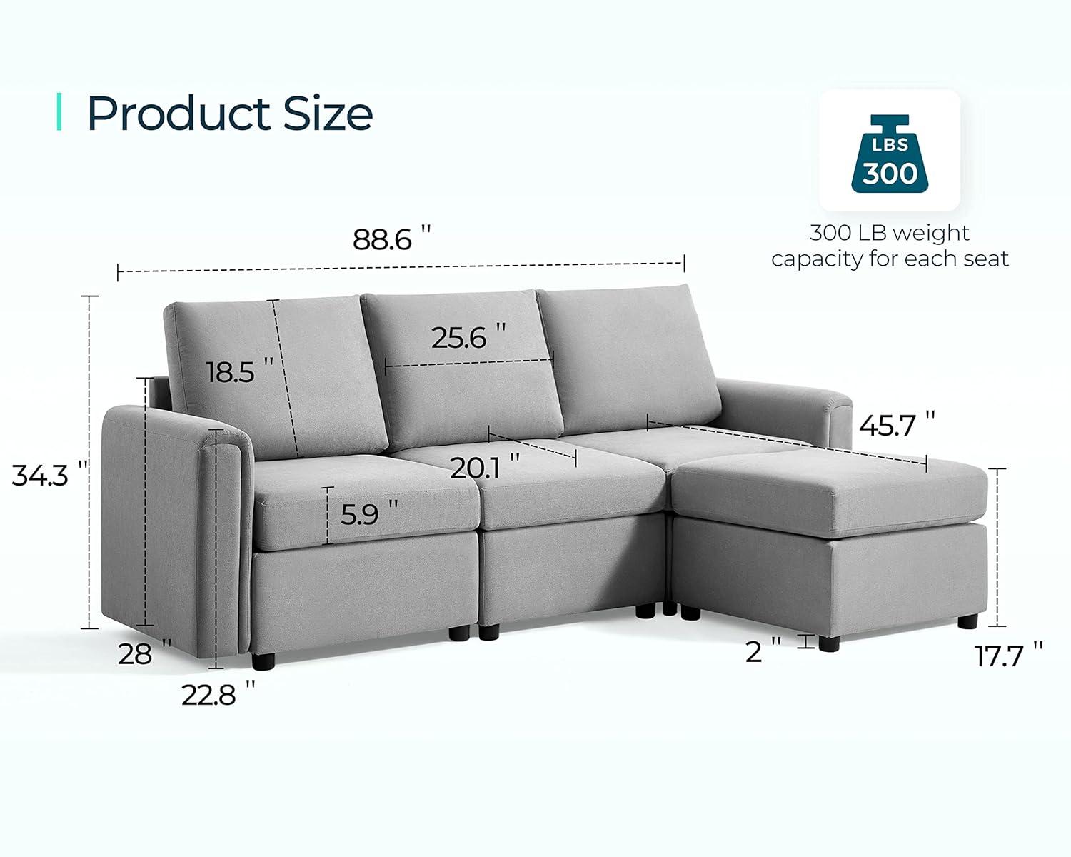 LINSY HOME Modular Couches and Sofas Sectional with Storage, 4 Seat Sectional Sofa for Living Room, L Shaped Sectional Couch with Reversible Chaises, Light Gray