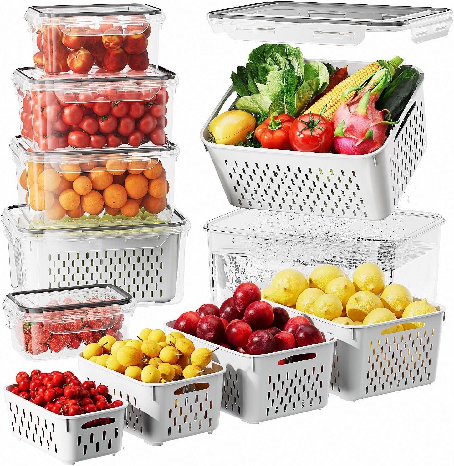 6 Pack Fruit Storage Containers for the Fridge with vent holes and handles， Airtight Food Storage Containers Keep Fruits, Vegetables, Berry, and Meat Fresh longer, BPA-free Fridge Storage Container