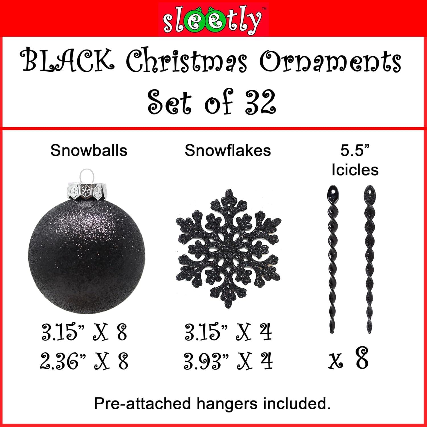 SLEETLY Big Black Ornaments for Farmhouse Christmas Tree Holiday Xmas Decorations for Christmas - Large Shatterproof Plastic 4.72 inch Glitter Snow Balls and Snowflakes, Ornament Set of 8