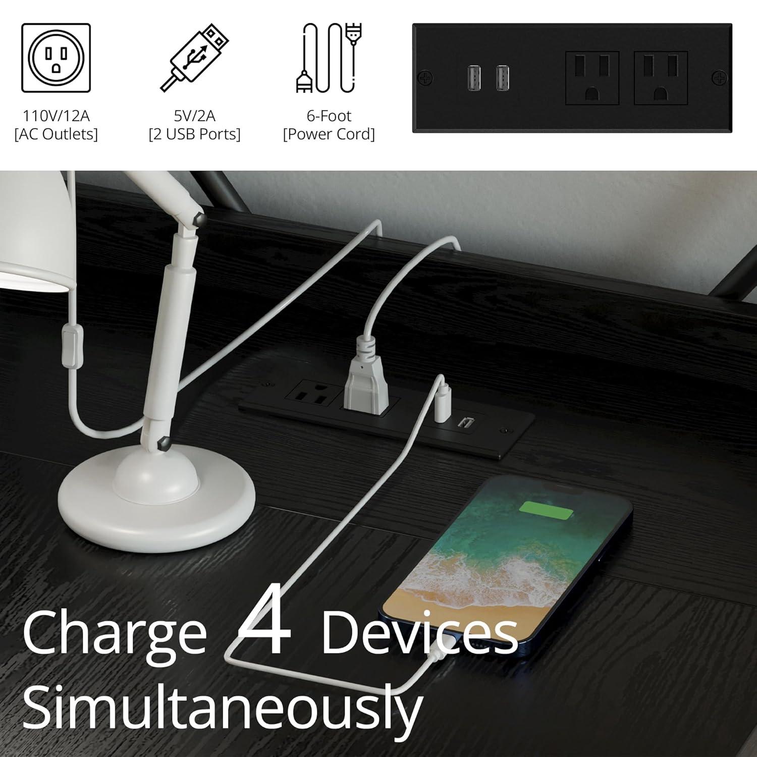 IRONCK Computer Desk 47" with Power Outlet and Storage Shelves, Study Writing Table with USB Ports Charging Station, PC Desk Workstation for Home Office, Black