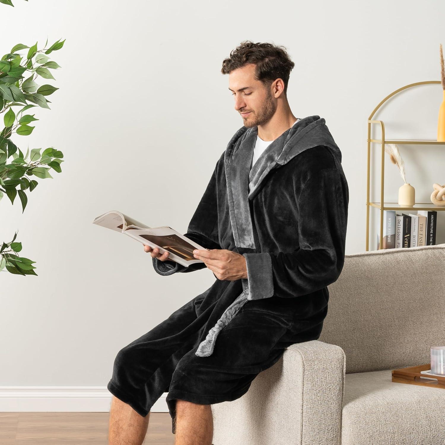 PAVILIA Mens Robe, Hooded Soft Bathrobe for Men, Fleece Plush Warm Shawl Collar Hood Pockets for Bath Shower Spa (Black/Gray, One Size)