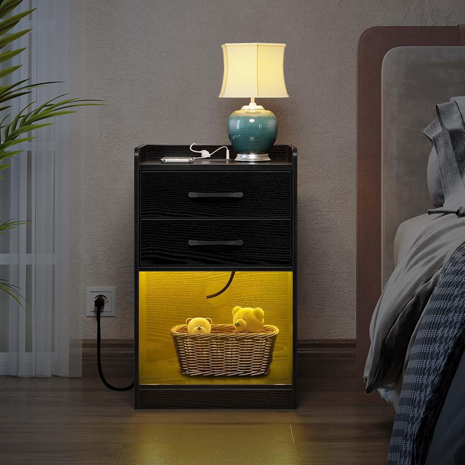 Black Particleboard Nightstand with LED Lights and Charging Station