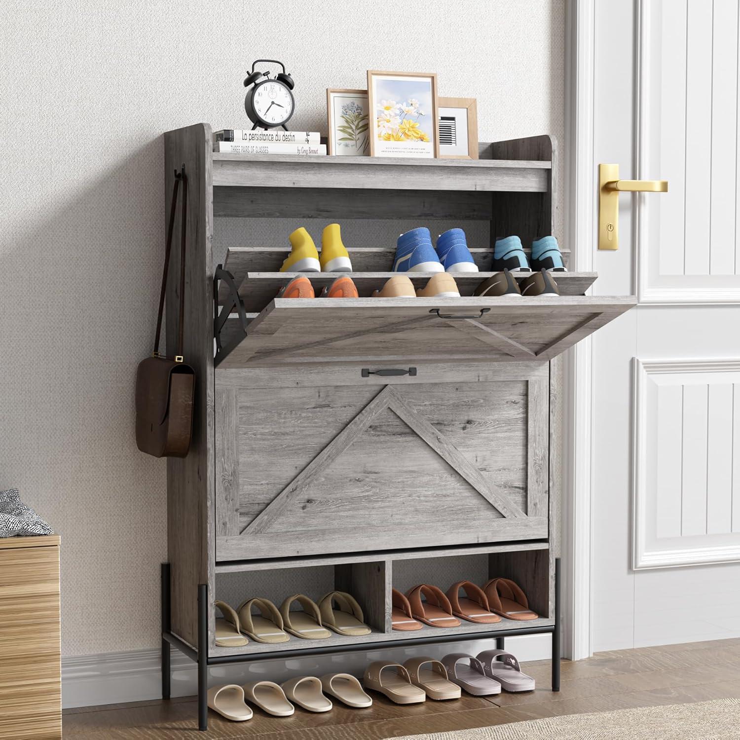 Gray MDF Freestanding Shoe Cabinet with Flip Drawers and Metal Legs