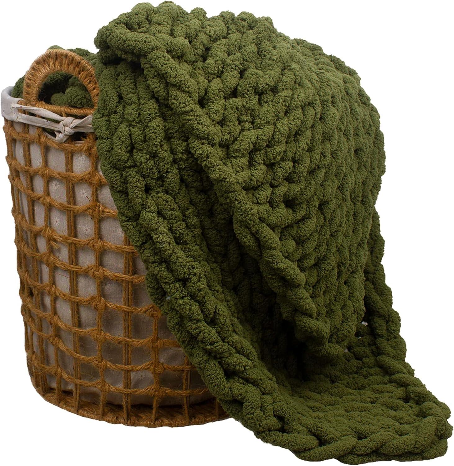 Carriediosa Chunky Knit Throw Blanket Handmade Soft Throws for Couch Sofa Bed, 50" x 60" Olive Green