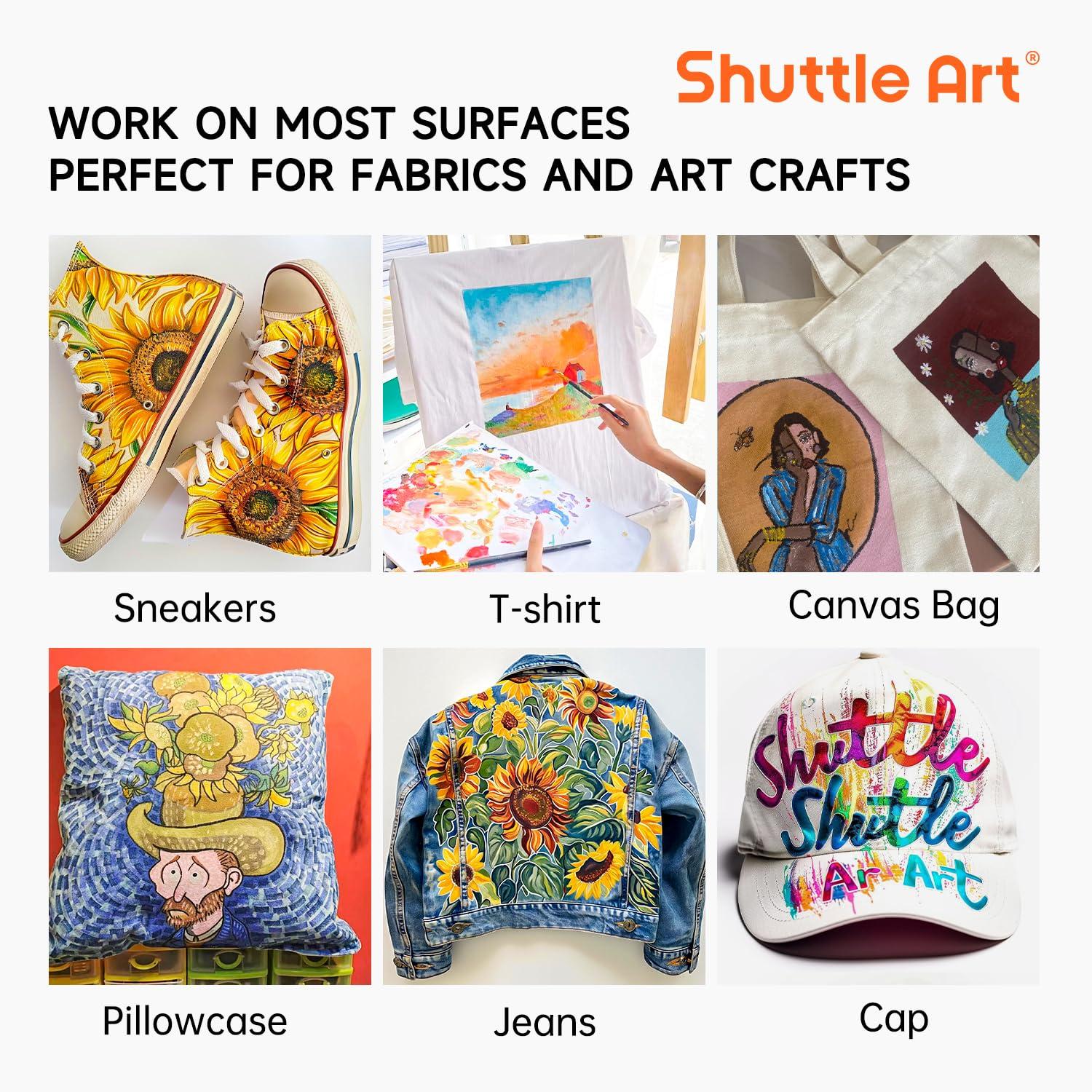 Metallic Fabric Paint, Shuttle Art 18 Metallic Colors Permanent Soft Fabric Paint in Bottles (60ml/2oz) with Brush and Stencils, Non-Toxic Textile Paint for T-shirts, Shoes, Jeans, Bags & DIY Projects